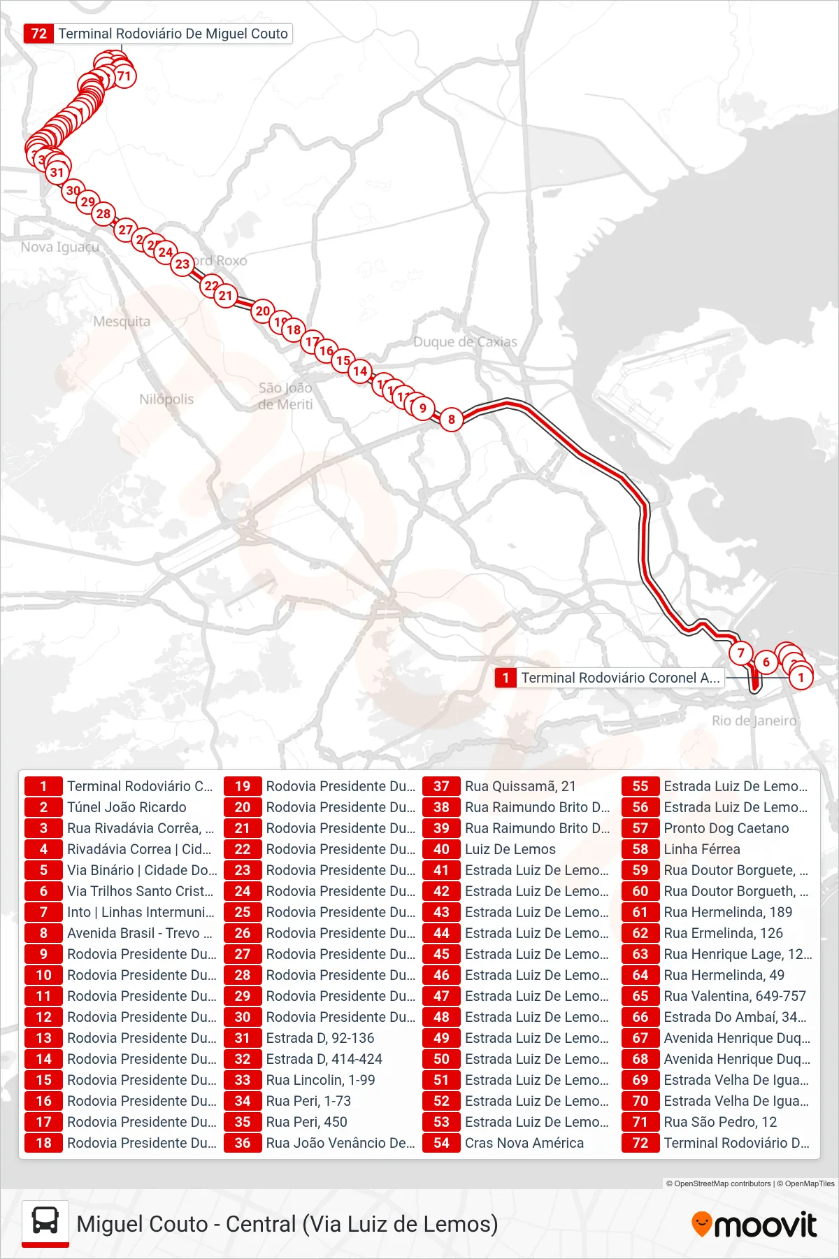 Rota e paradas da linha de ônibus  490B  (Miguel Couto (Rápido)) no mapa