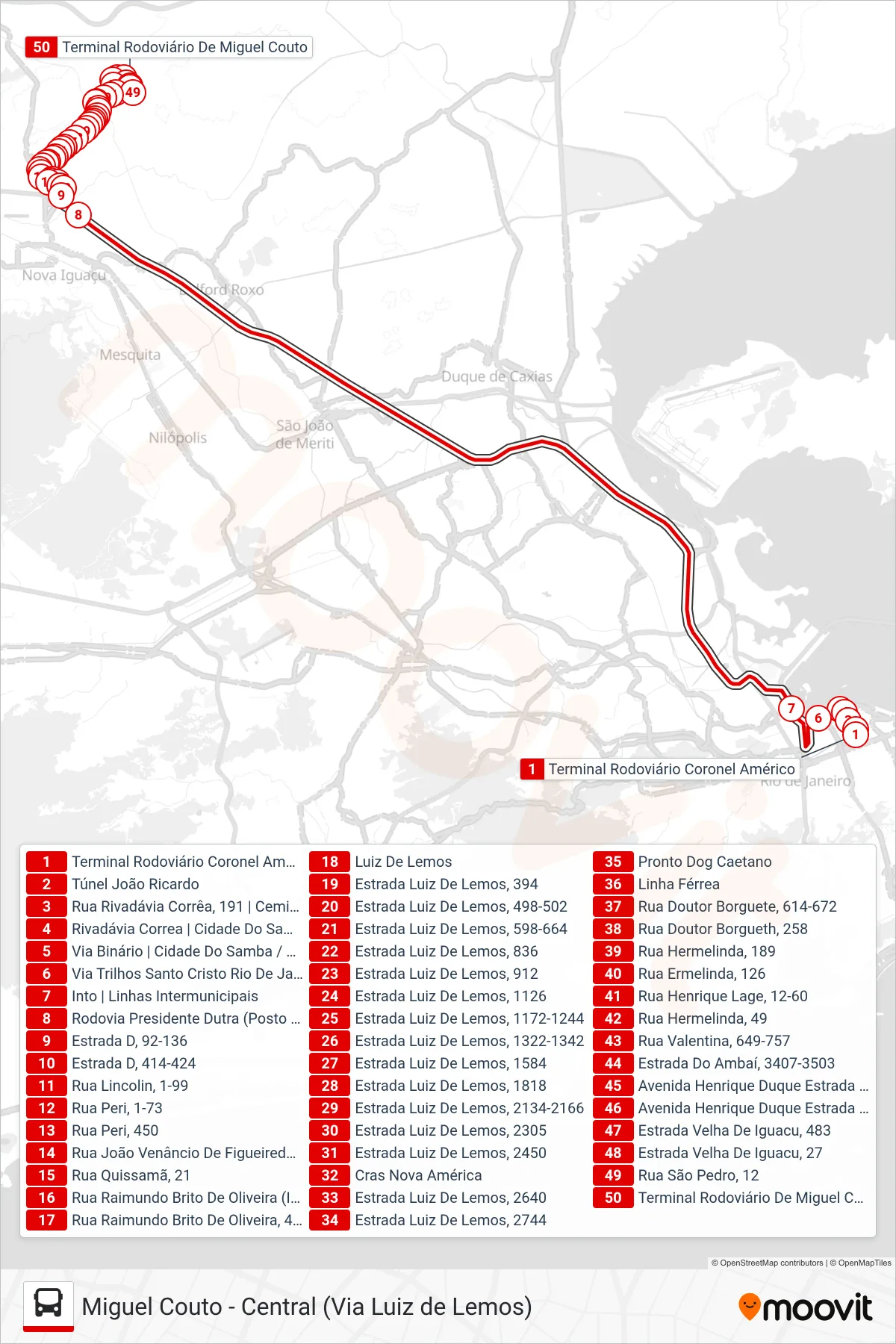 Rota e paradas da linha de ônibus  490B  (Miguel Couto (Expresso)) no mapa