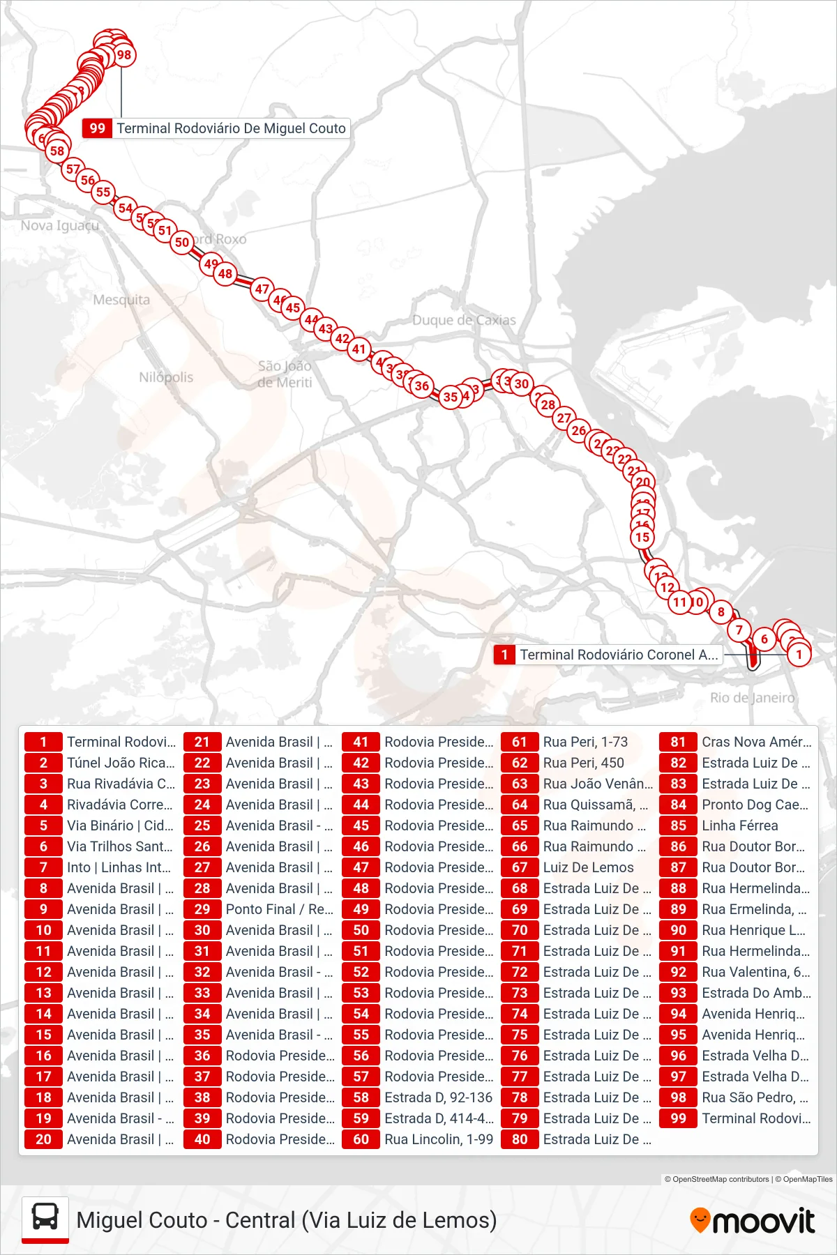 Rota e paradas da linha de ônibus  490B  (Miguel Couto (Parador)) no mapa