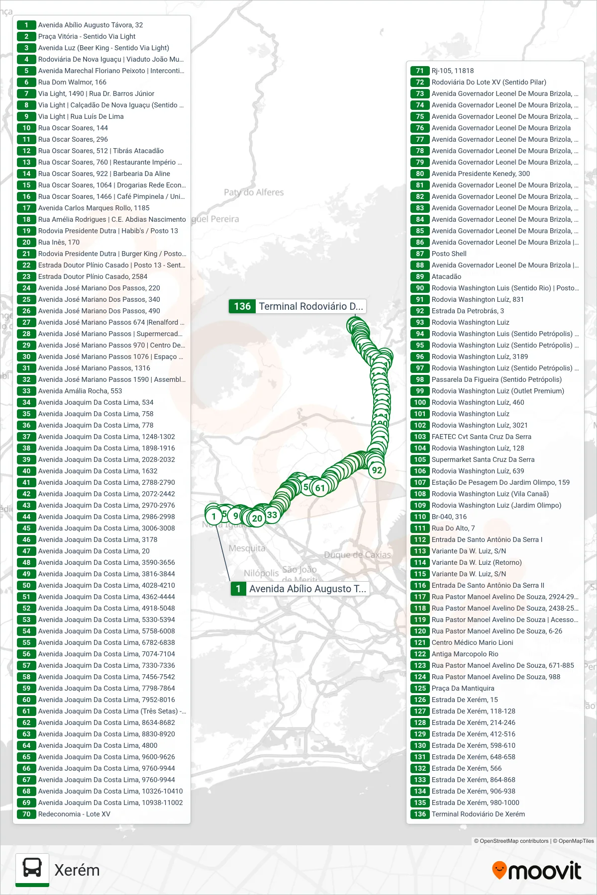 Rota e paradas da linha de ônibus  445I  (Xerém) no mapa