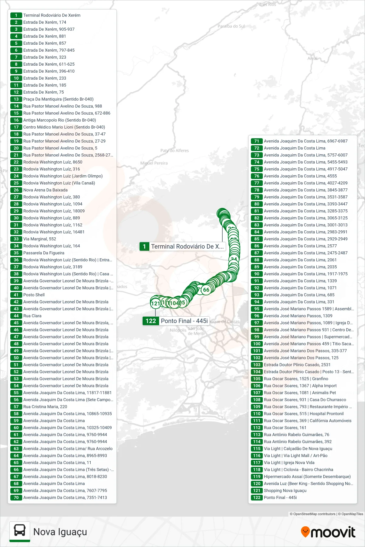 Rota e paradas da linha de ônibus  445I  (Nova Iguaçu) no mapa