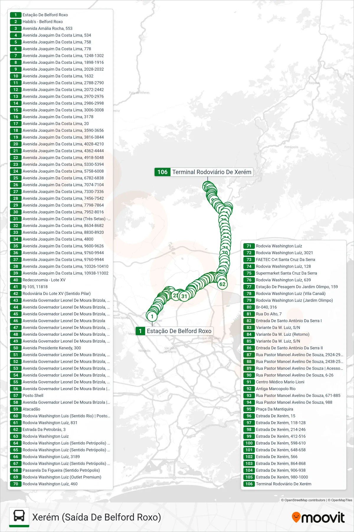 Rota e paradas da linha de ônibus  445I  (Xerém (Saída De Belford Roxo)) no mapa