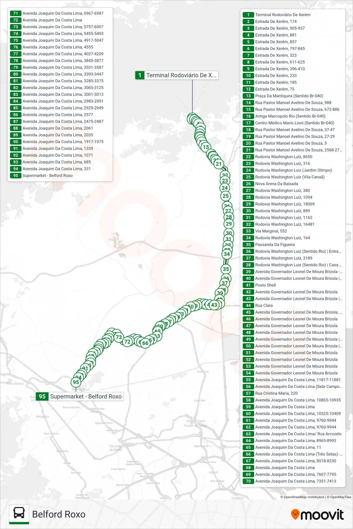 Rota e paradas da linha de ônibus  445I  (Belford Roxo) no mapa