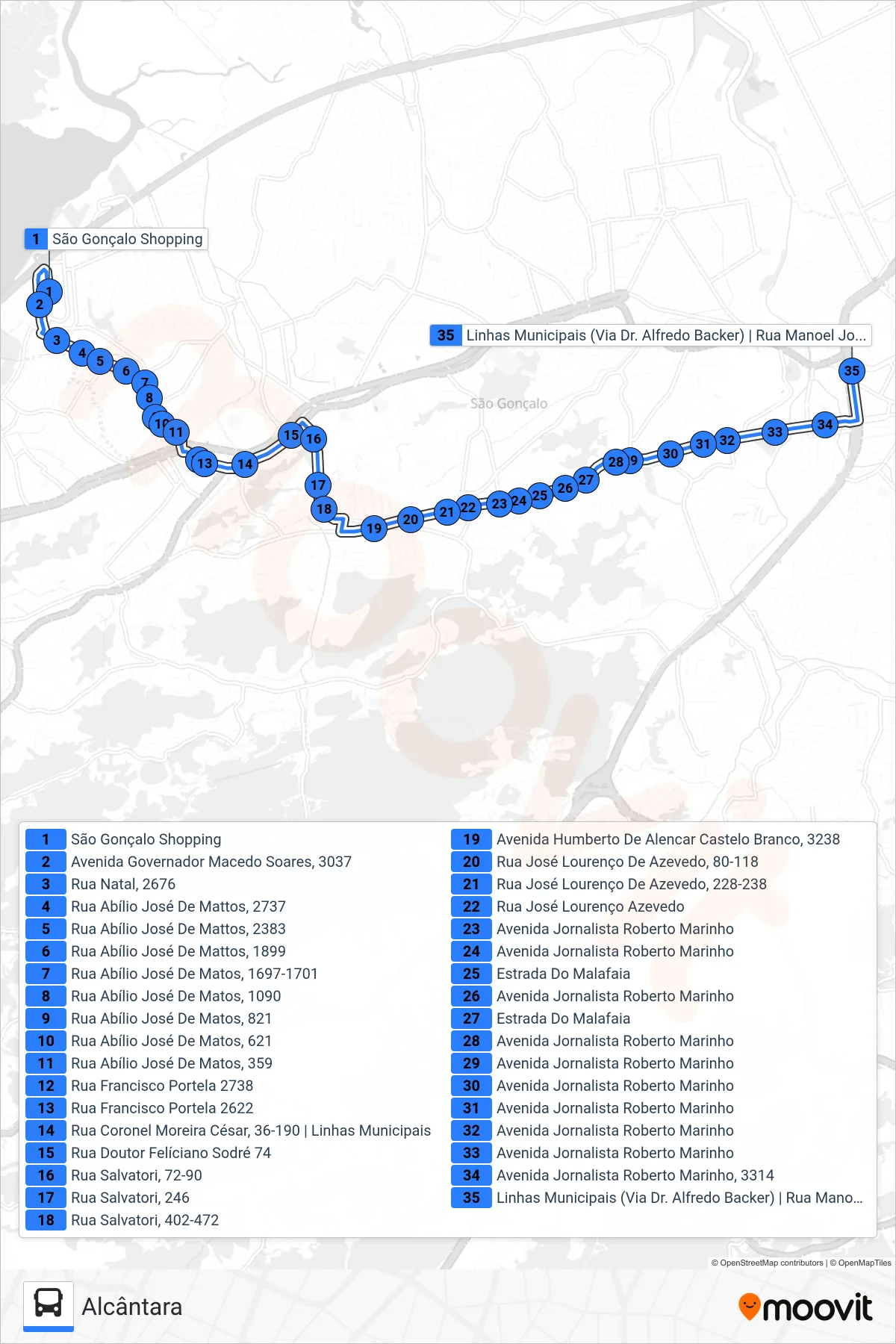 Rota e paradas da linha de ônibus 35 (Alcântara) no mapa