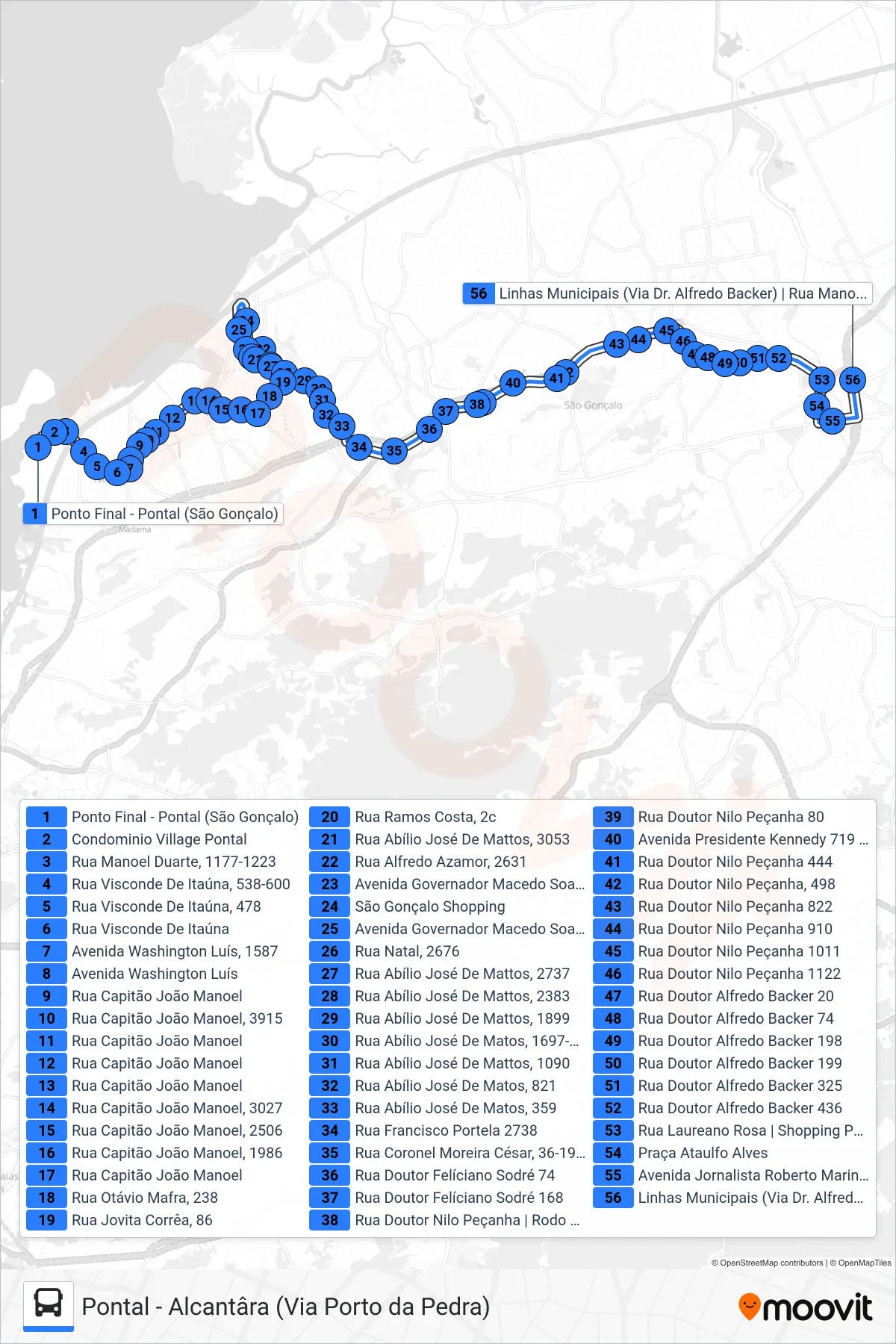 Rota e paradas da linha de ônibus  42  (Alcântara) no mapa