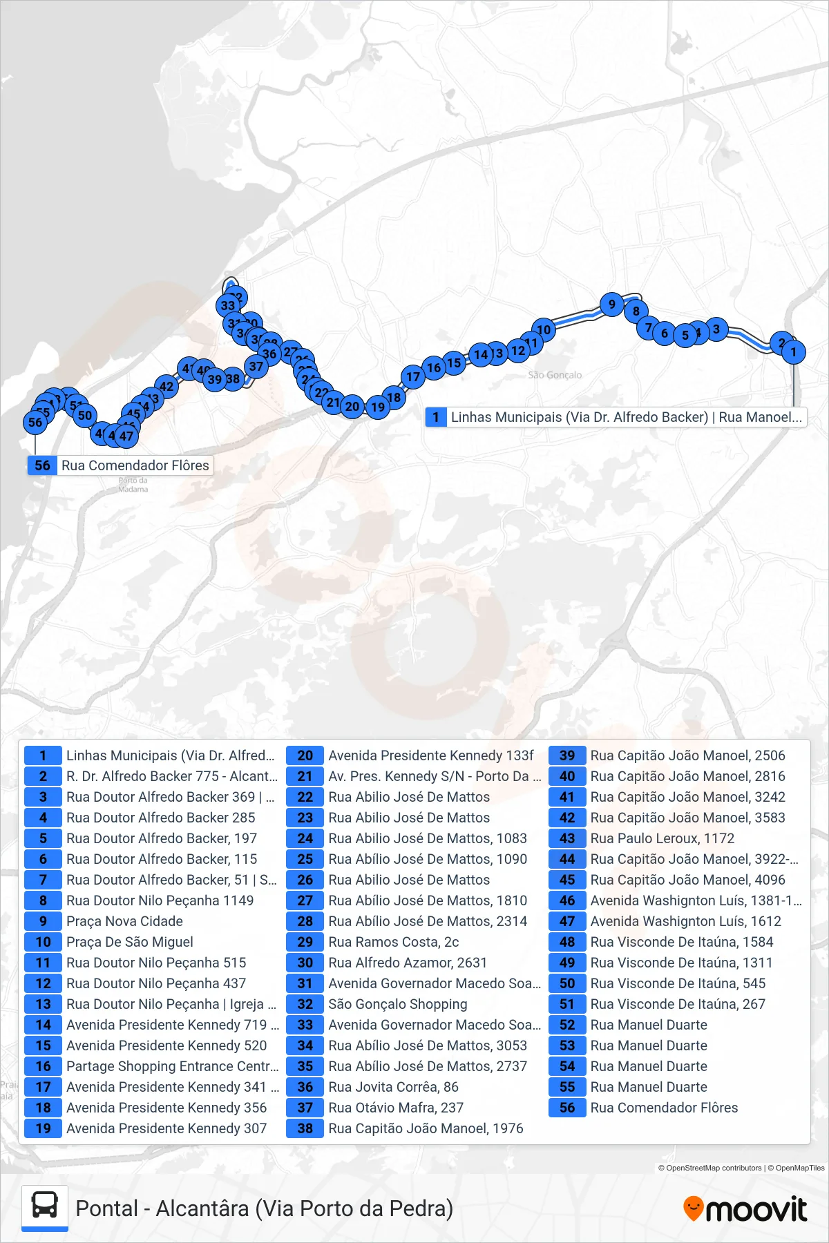 Rota e paradas da linha de ônibus 42 (Gradim) no mapa