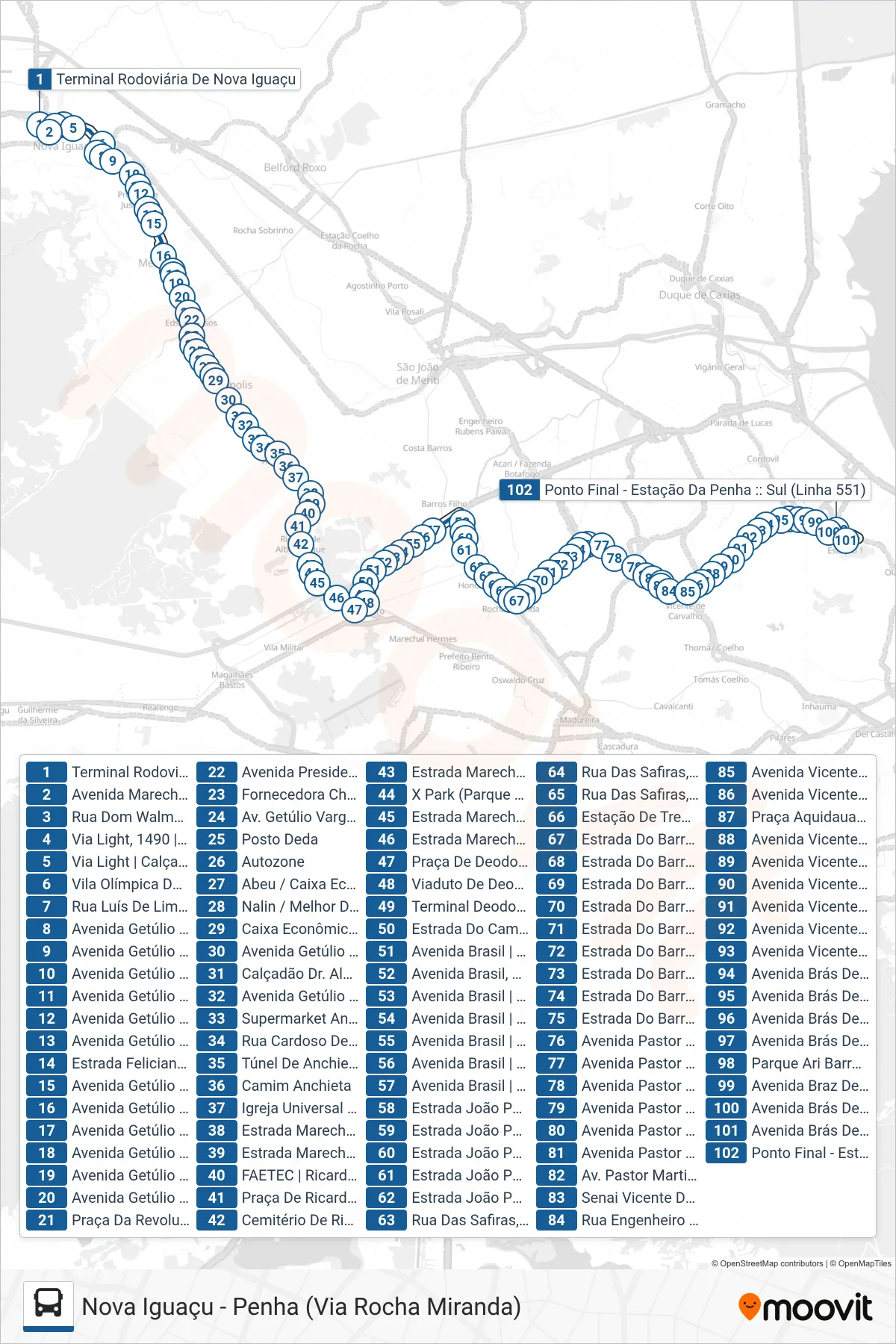 Rota e paradas da linha de ônibus  551  (Penha) no mapa