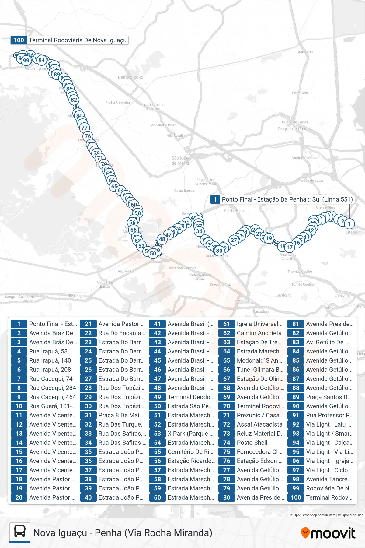 Rota e paradas da linha de ônibus 551 (Nova Iguaçu) no mapa