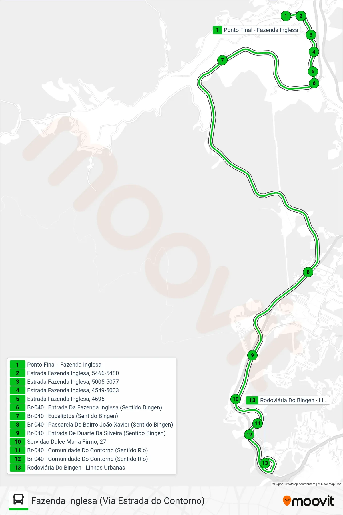Rota e paradas da linha de ônibus 137 (Terminal Bingen) no mapa