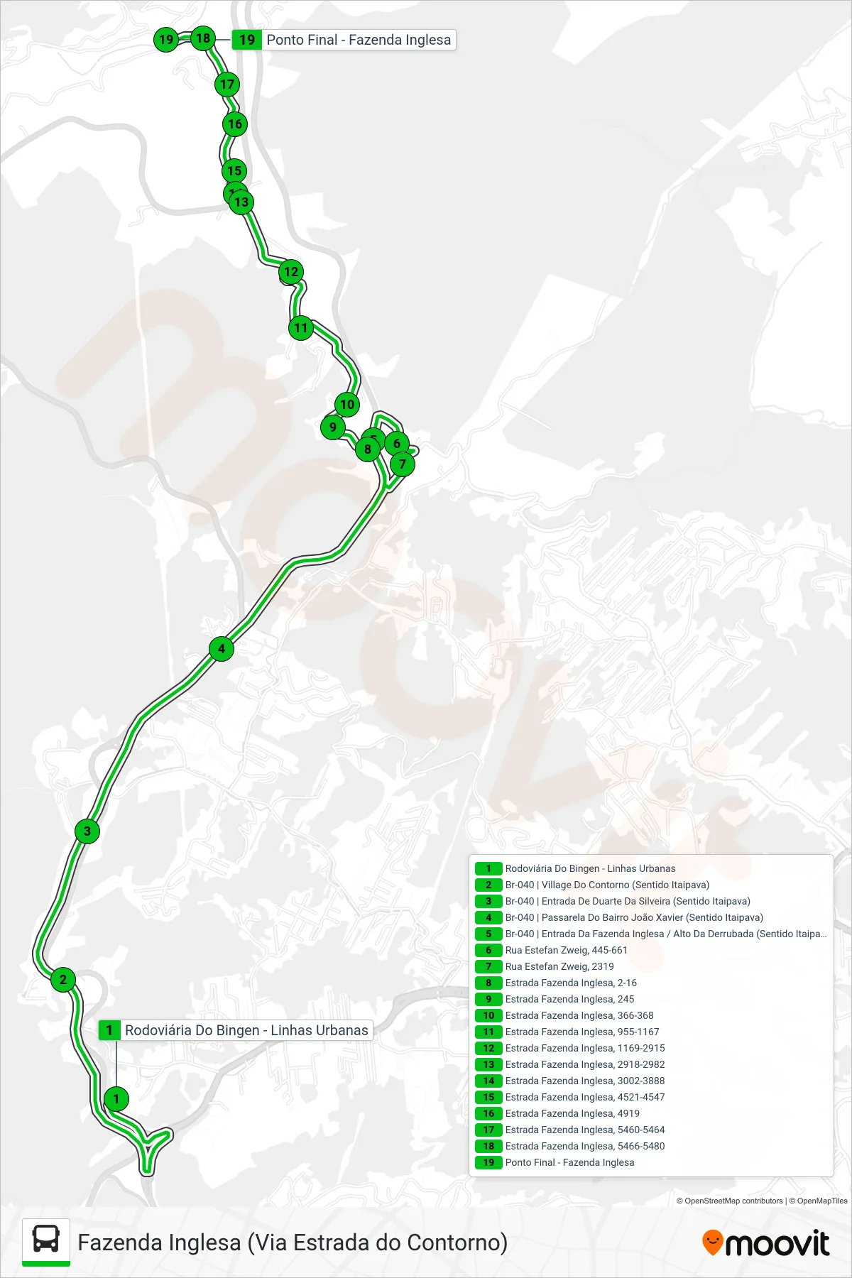 Rota e paradas da linha de ônibus 137 (Fazenda Inglesa) no mapa
