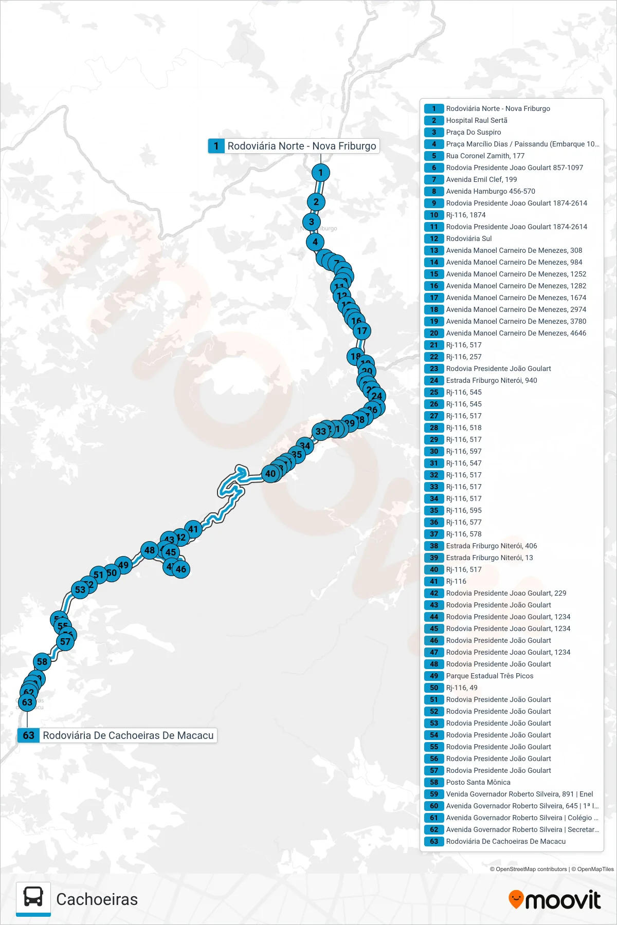 Rota e paradas da linha de ônibus S105 (Cachoeiras) no mapa