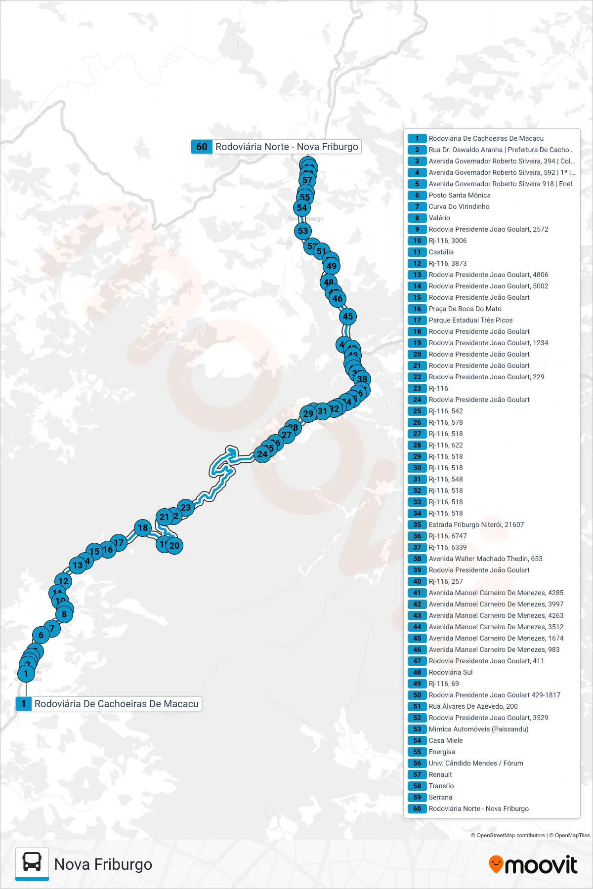 Rota e paradas da linha de ônibus S105 (Nova Friburgo) no mapa