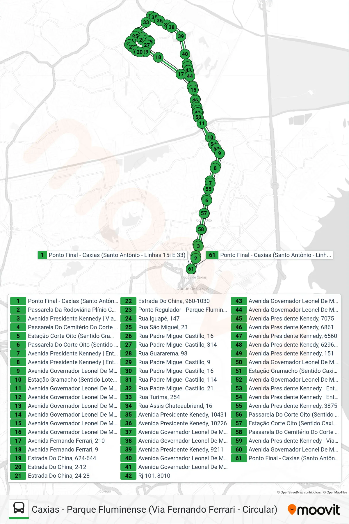 Rota e paradas da linha de ônibus  33  (Caxias ↔ Parque Fluminense) no mapa