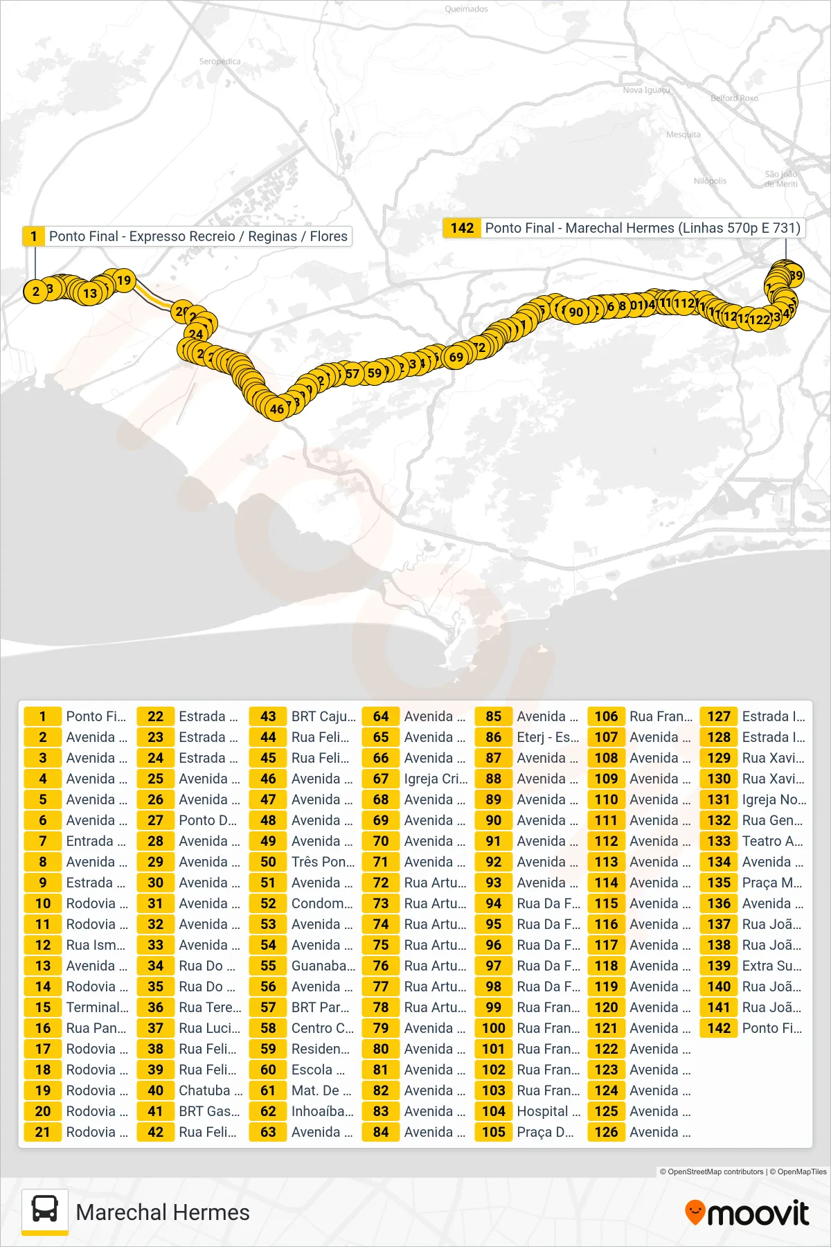 Rota e paradas da linha de ônibus 570P (Marechal Hermes) no mapa