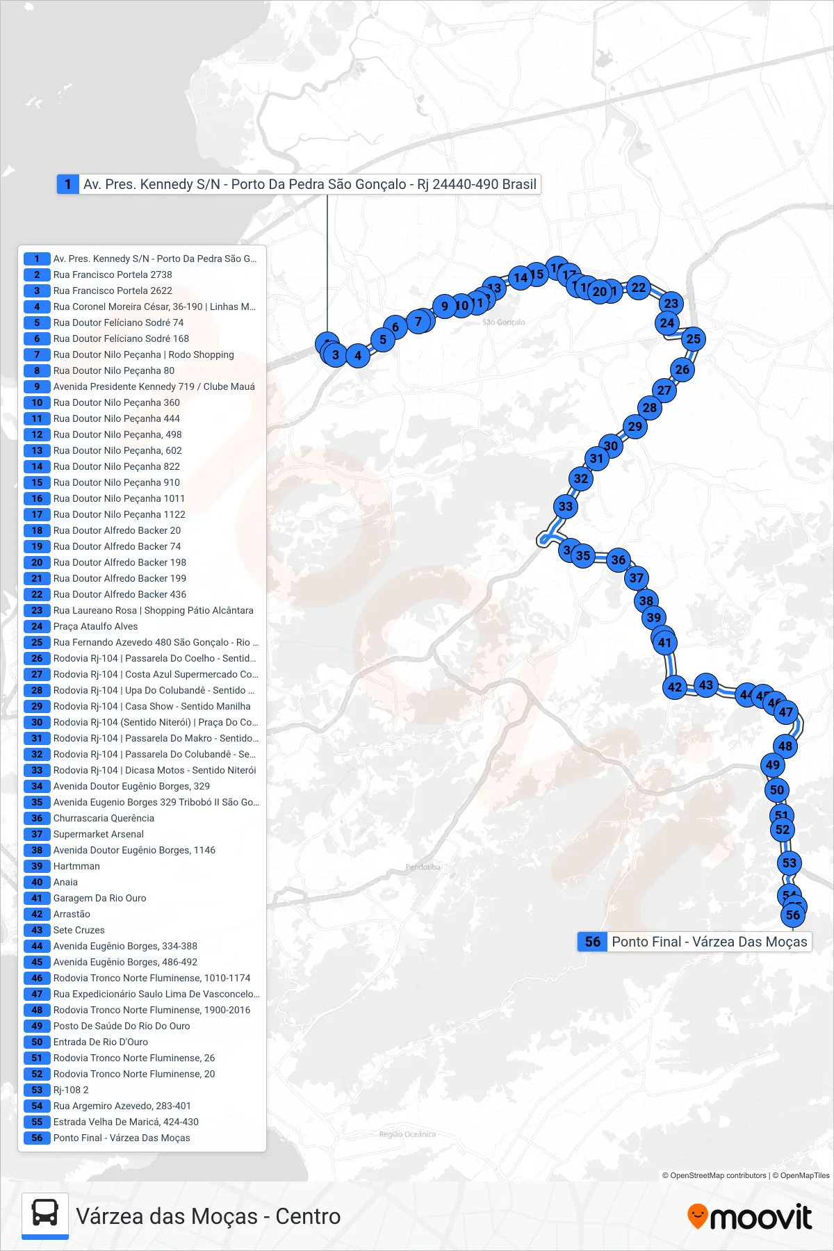 Rota e paradas da linha de ônibus 22 (Várzea Das Moças) no mapa