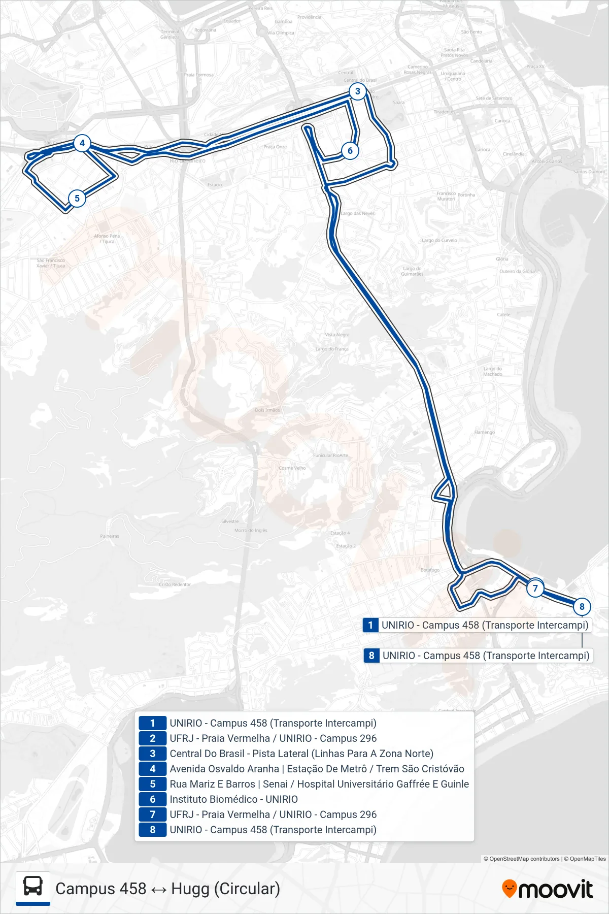 Rota e paradas da linha de ônibus INTERCAMPI 1 (Campus 458 ↔ Hugg (Circular)) no mapa