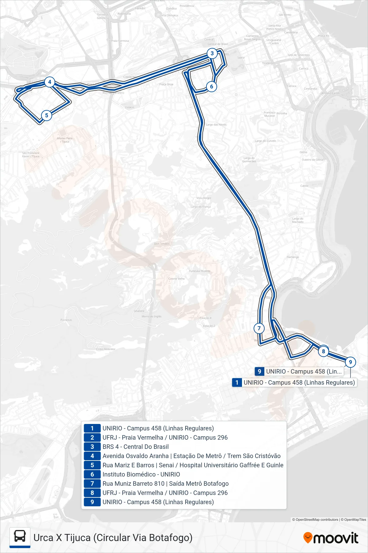 Rota e paradas da linha de ônibus INTERCAMPI 1 (Urca X Tijuca (Circular Via Botafogo)) no mapa