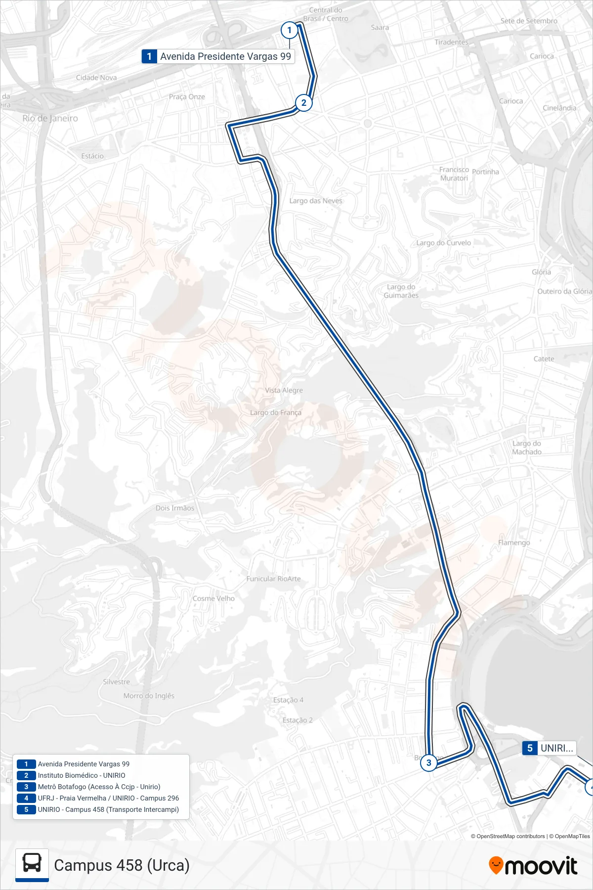 Rota e paradas da linha de ônibus INTERCAMPI 2 (Campus 458 (Urca)) no mapa