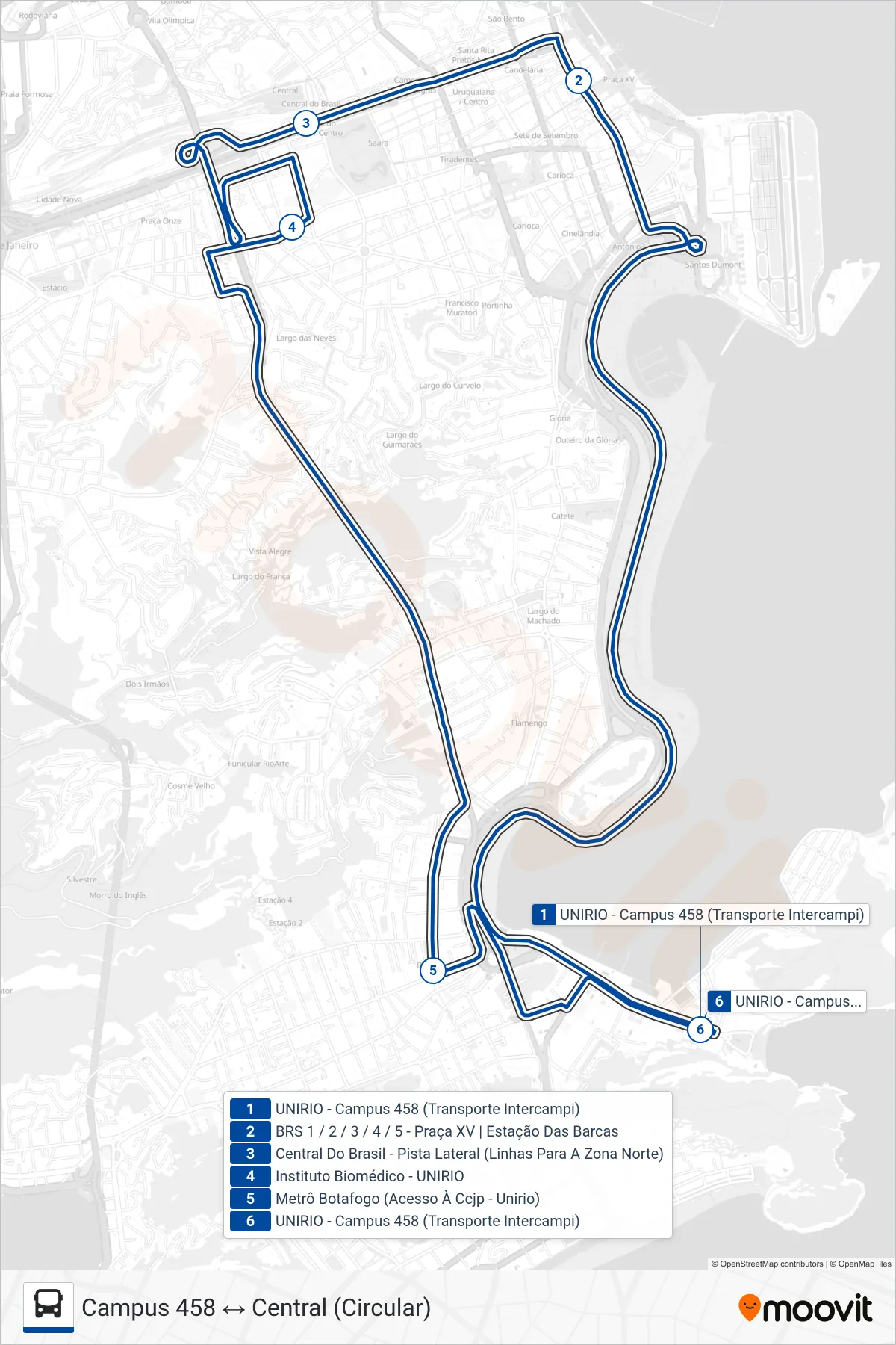 Rota e paradas da linha de ônibus INTERCAMPI 2 (Campus 458 ↔ Central (Circular)) no mapa
