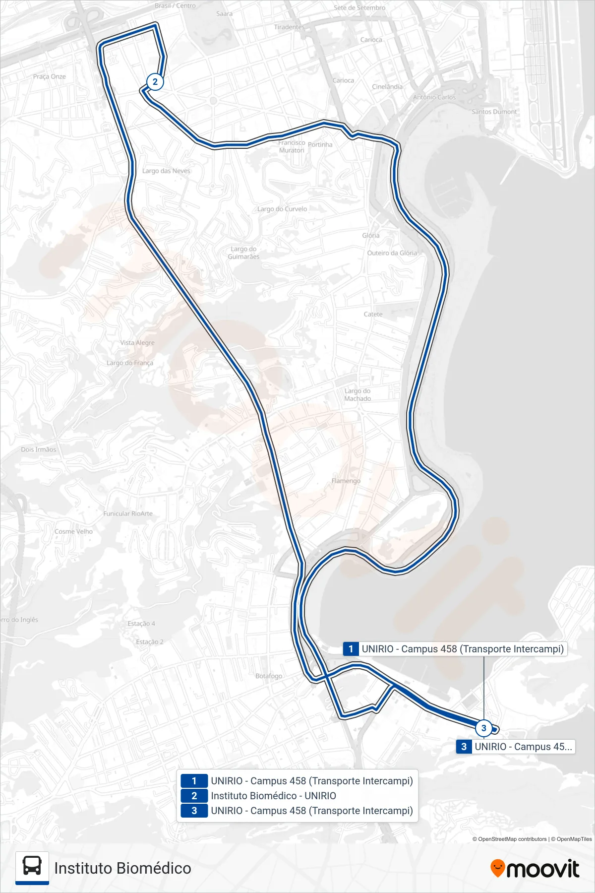 Rota e paradas da linha de ônibus  INTERCAMPI 2  (Instituto Biomédico) no mapa