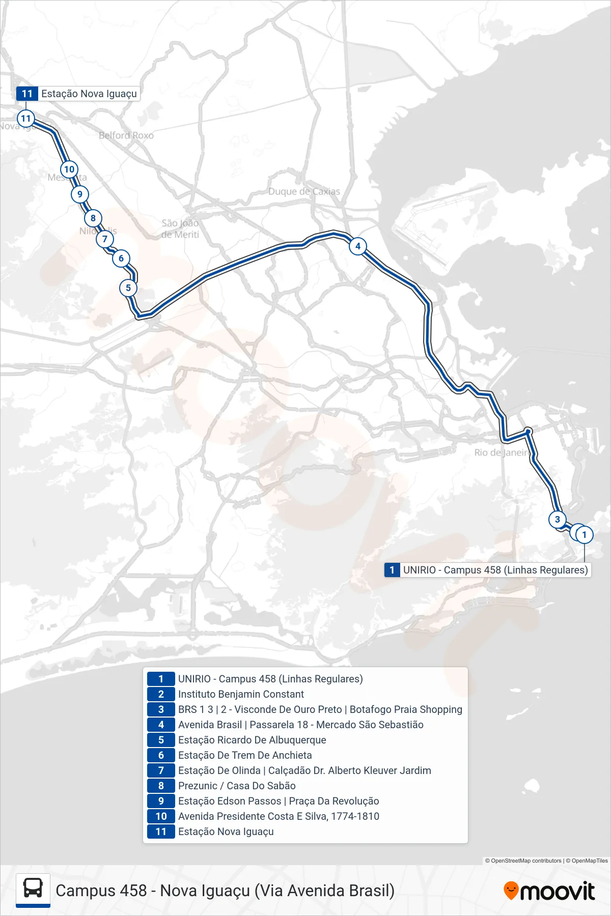 Rota e paradas da linha de ônibus INTERCAMPI 3 (Nova Iguaçu) no mapa