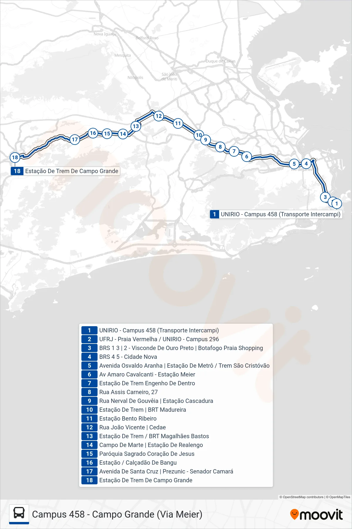 Rota e paradas da linha de ônibus INTERCAMPI 4 (Campo Grande) no mapa