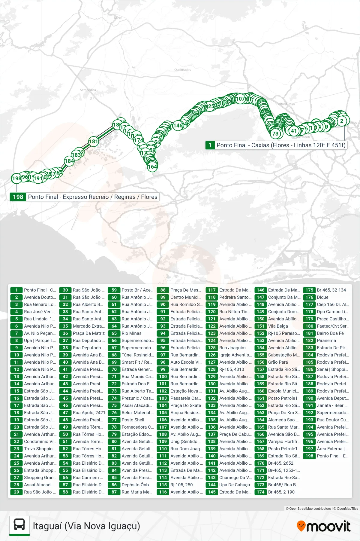 Rota e paradas da linha de ônibus 120T (Itaguaí (Via Nova Iguaçu)) no mapa