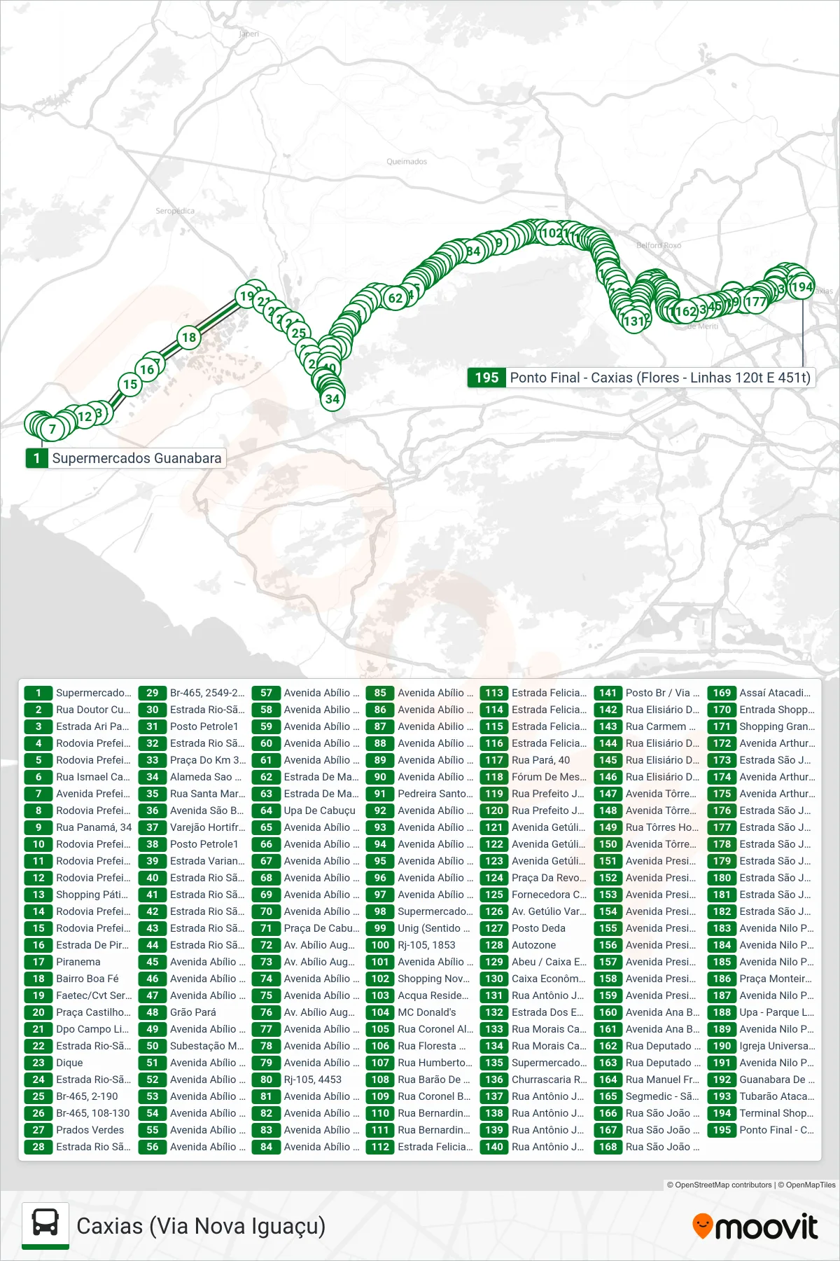 Rota e paradas da linha de ônibus 120T (Caxias (Via Nova Iguaçu)) no mapa