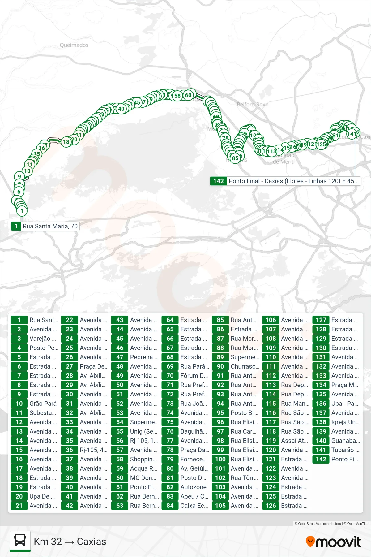 120T bus Line (Km 32 → Caxias) route and stops on a map