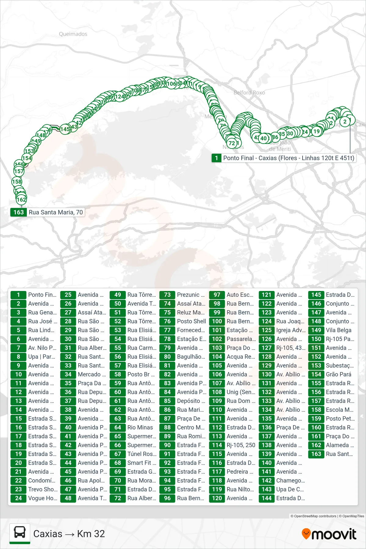 Rota e paradas da linha de ônibus 120T (Caxias → Km 32) no mapa
