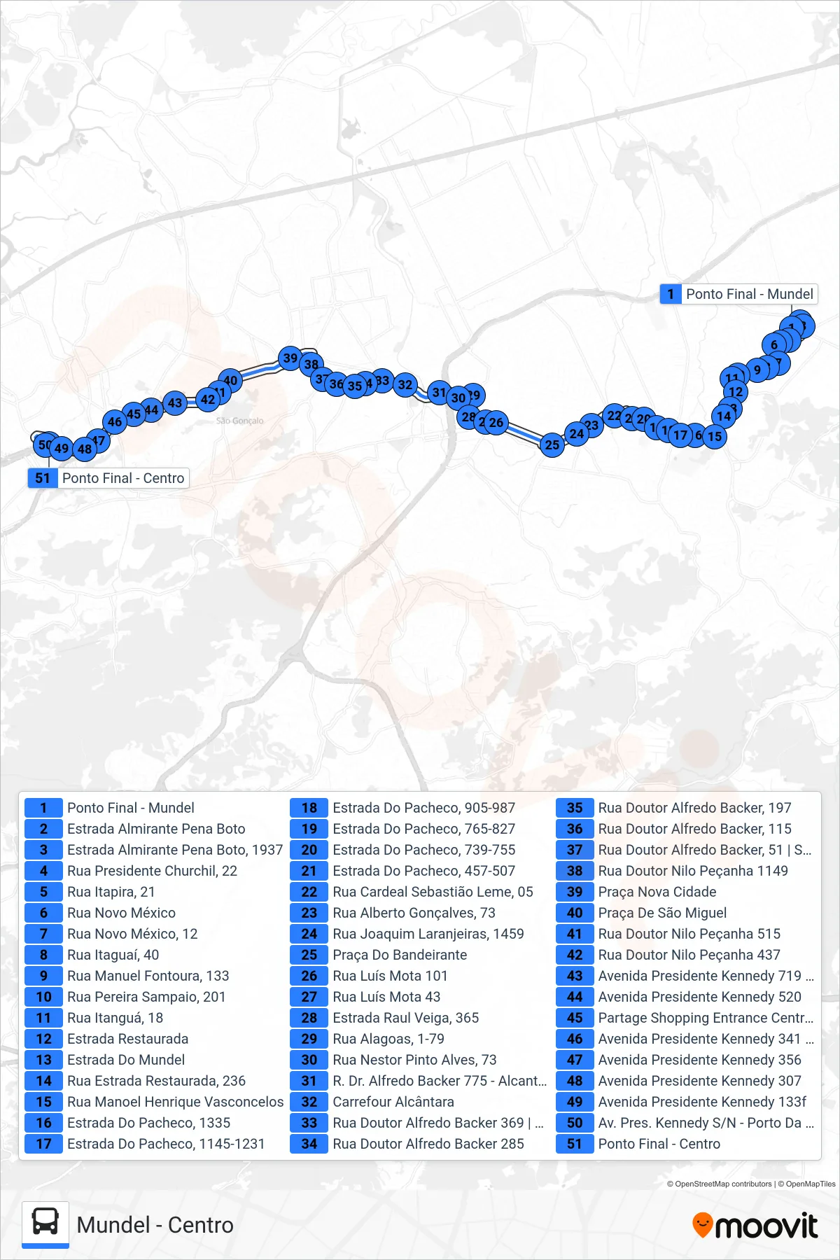 Rota e paradas da linha de ônibus 23 (Centro) no mapa