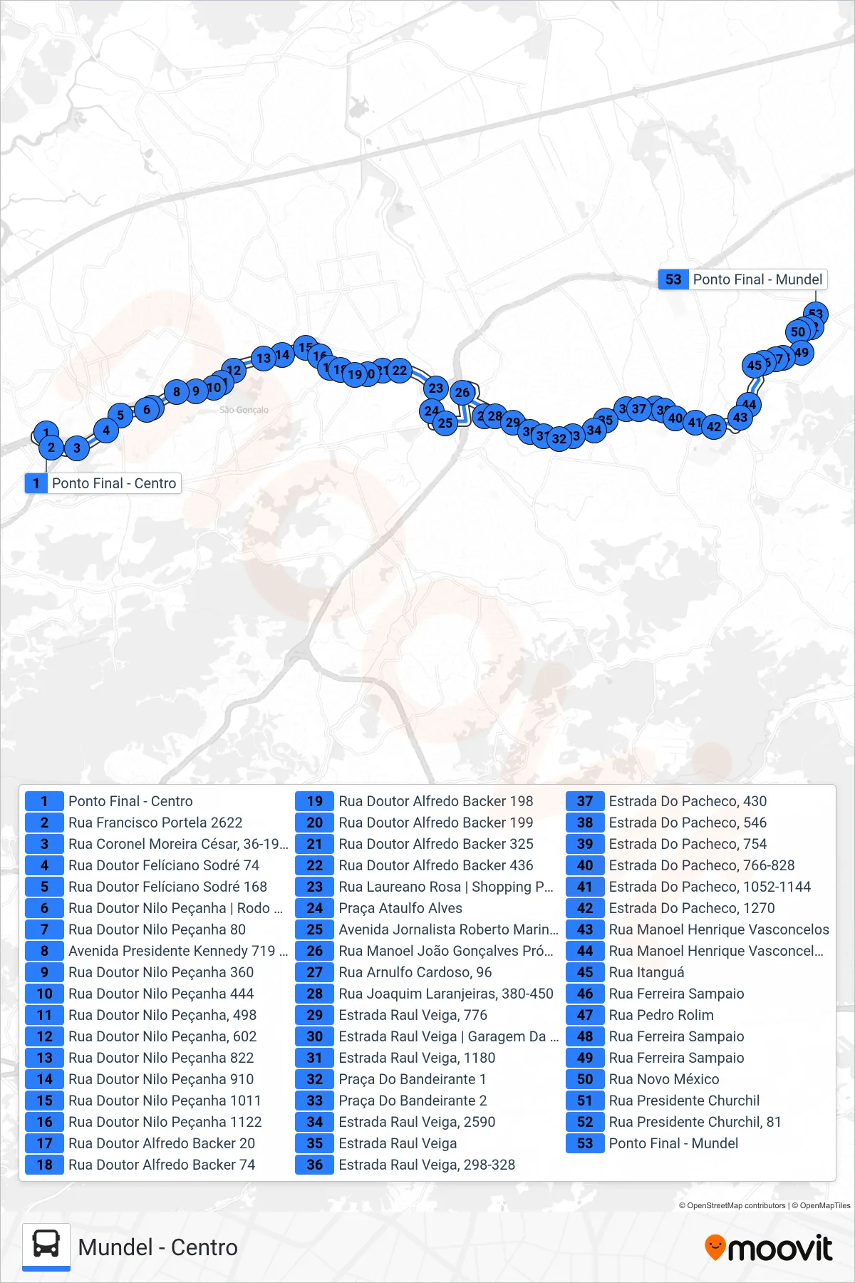 Rota e paradas da linha de ônibus 23 (Mundel) no mapa
