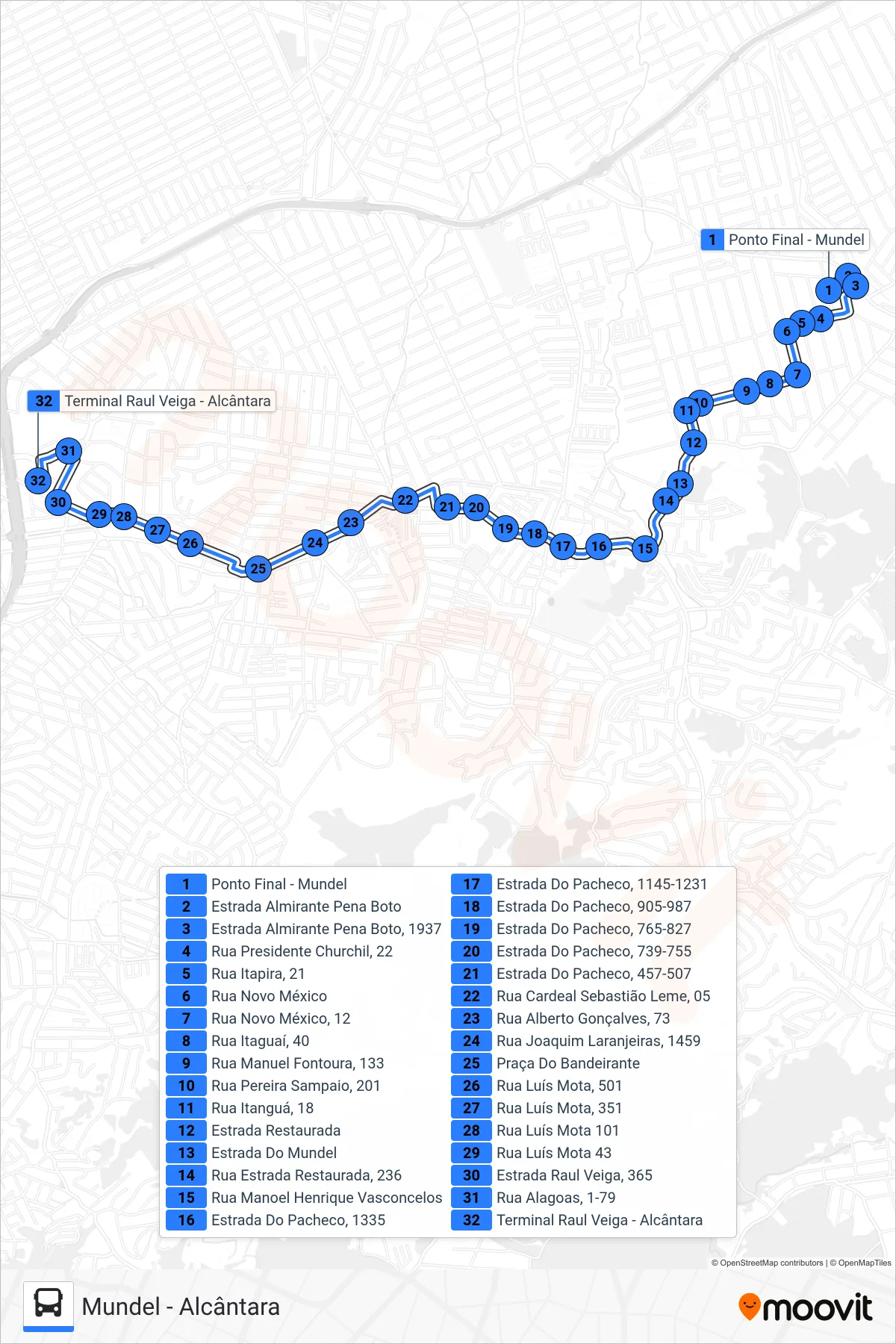 Rota e paradas da linha de ônibus 23A (Alcântara) no mapa