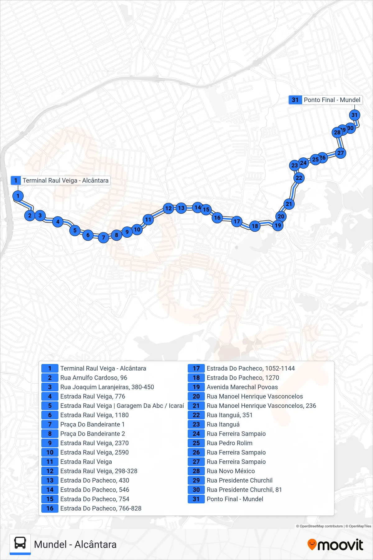 Rota e paradas da linha de ônibus 23A (Mundel) no mapa