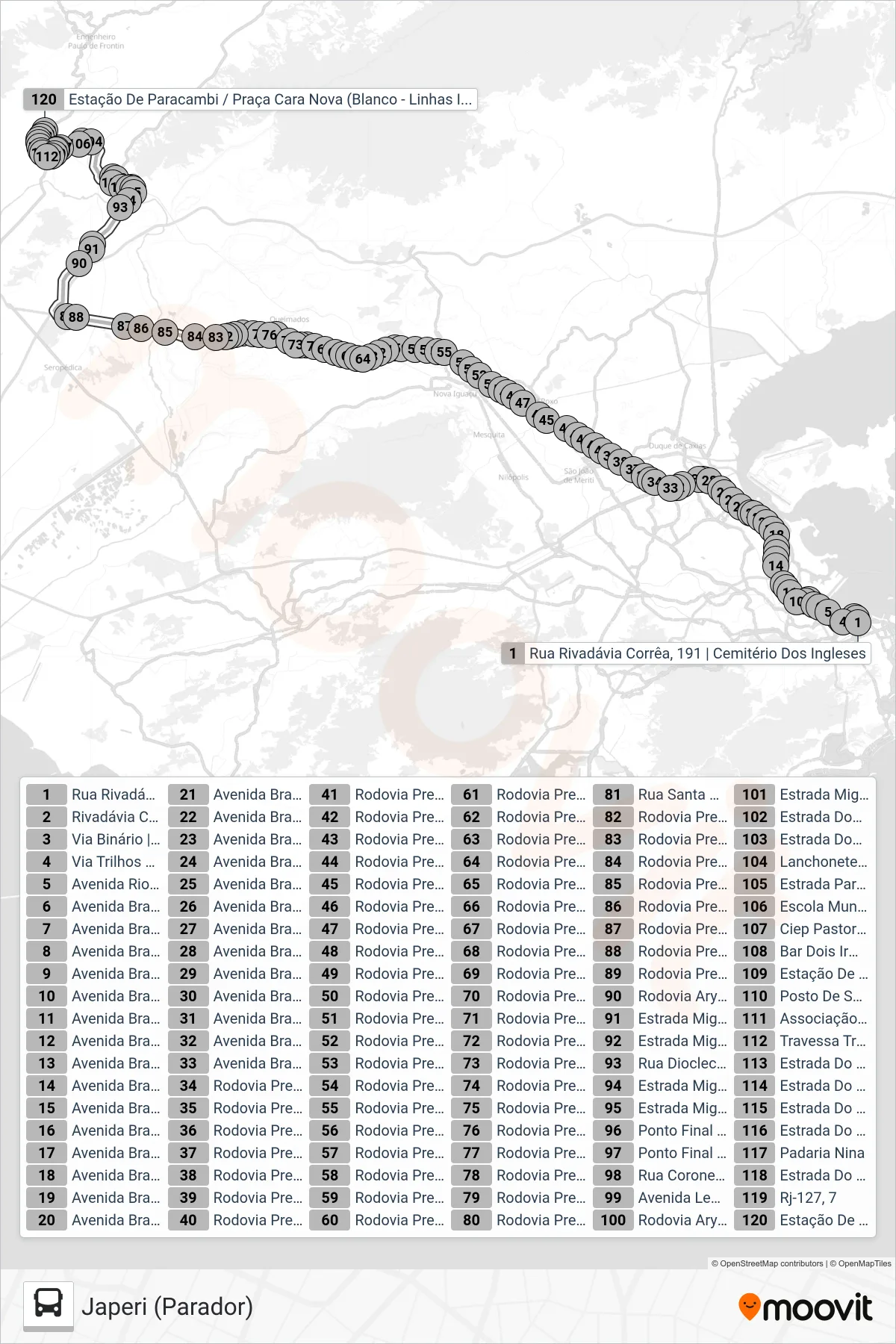 Rota e paradas da linha de ônibus 192C (Japeri (Parador)) no mapa