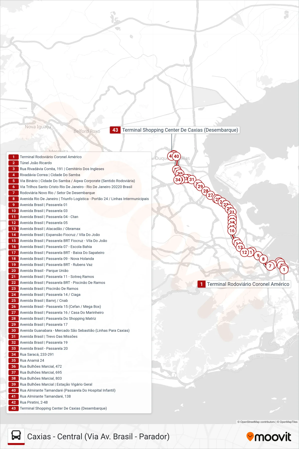 Rota e paradas da linha de ônibus  111C  (Caxias) no mapa