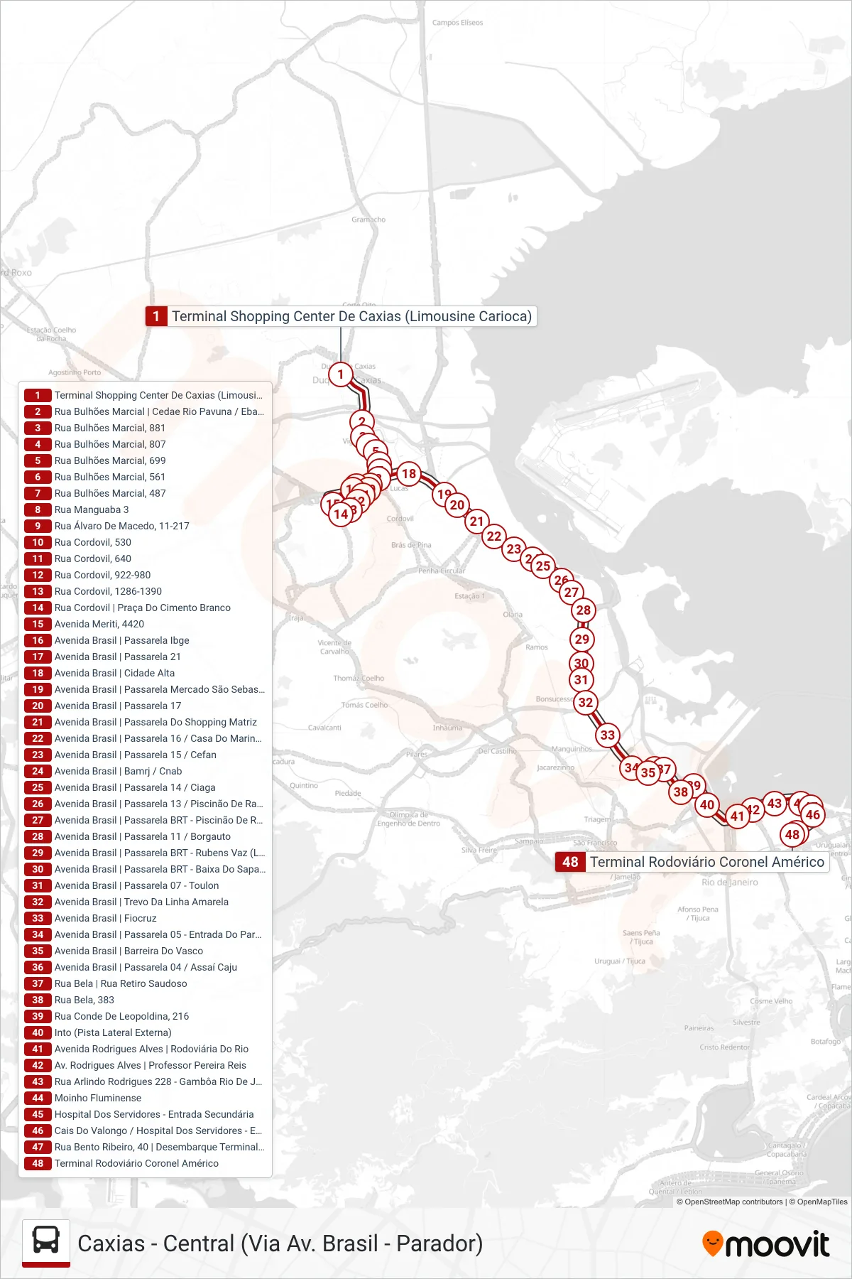 Rota e paradas da linha de ônibus 111C (Central) no mapa