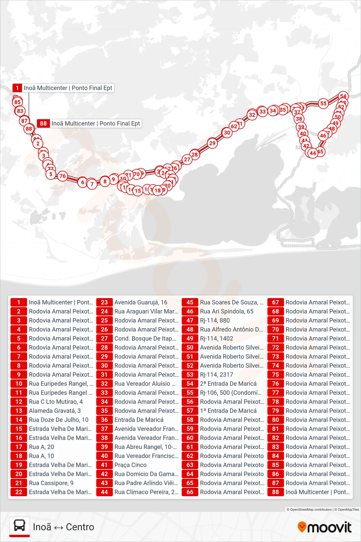 Rota e paradas da linha de ônibus E24 (Inoã ↔ Centro) no mapa