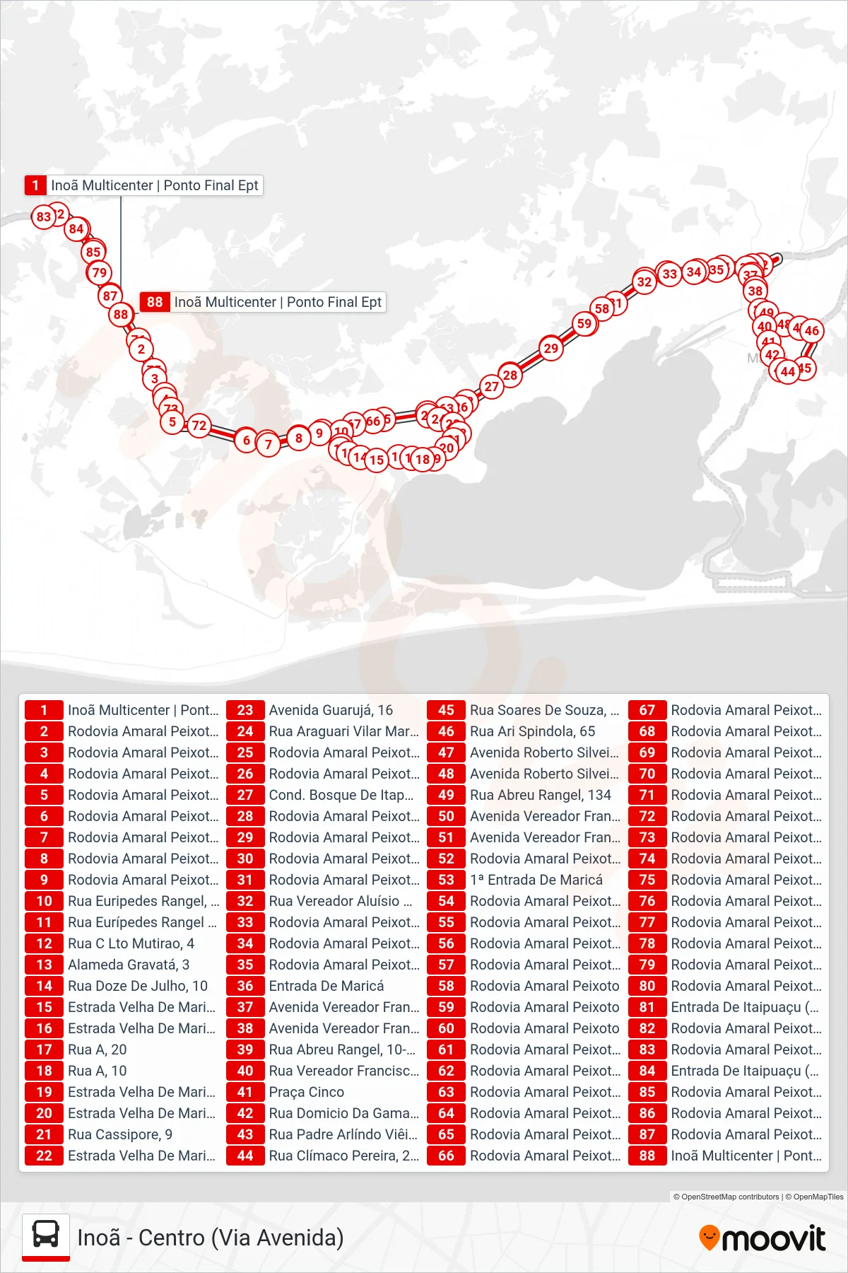 Rota e paradas da linha de ônibus  E24A  (Inoã ↔ Centro) no mapa