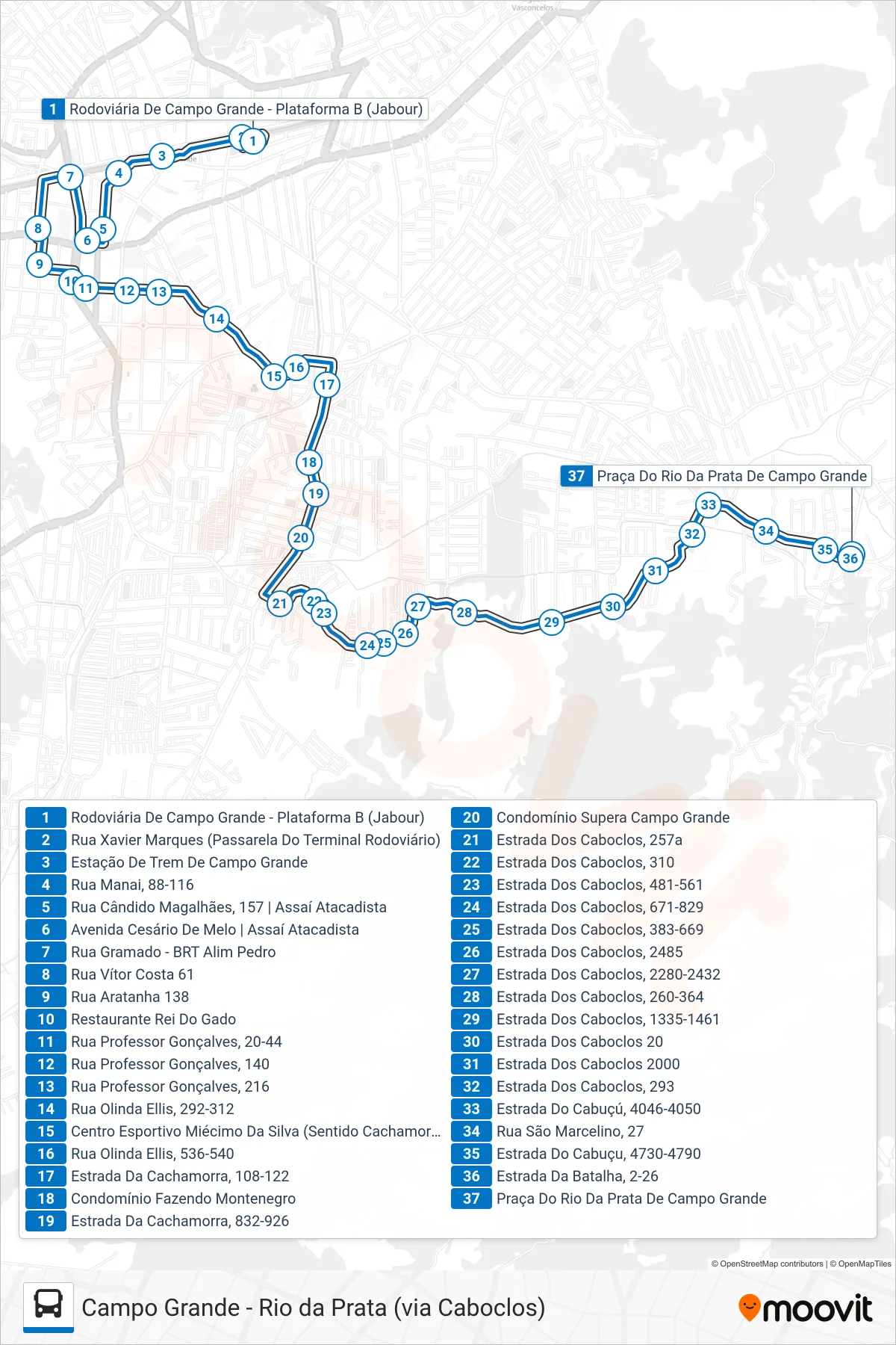836 bus Line (Rio da Prata) route and stops on a map