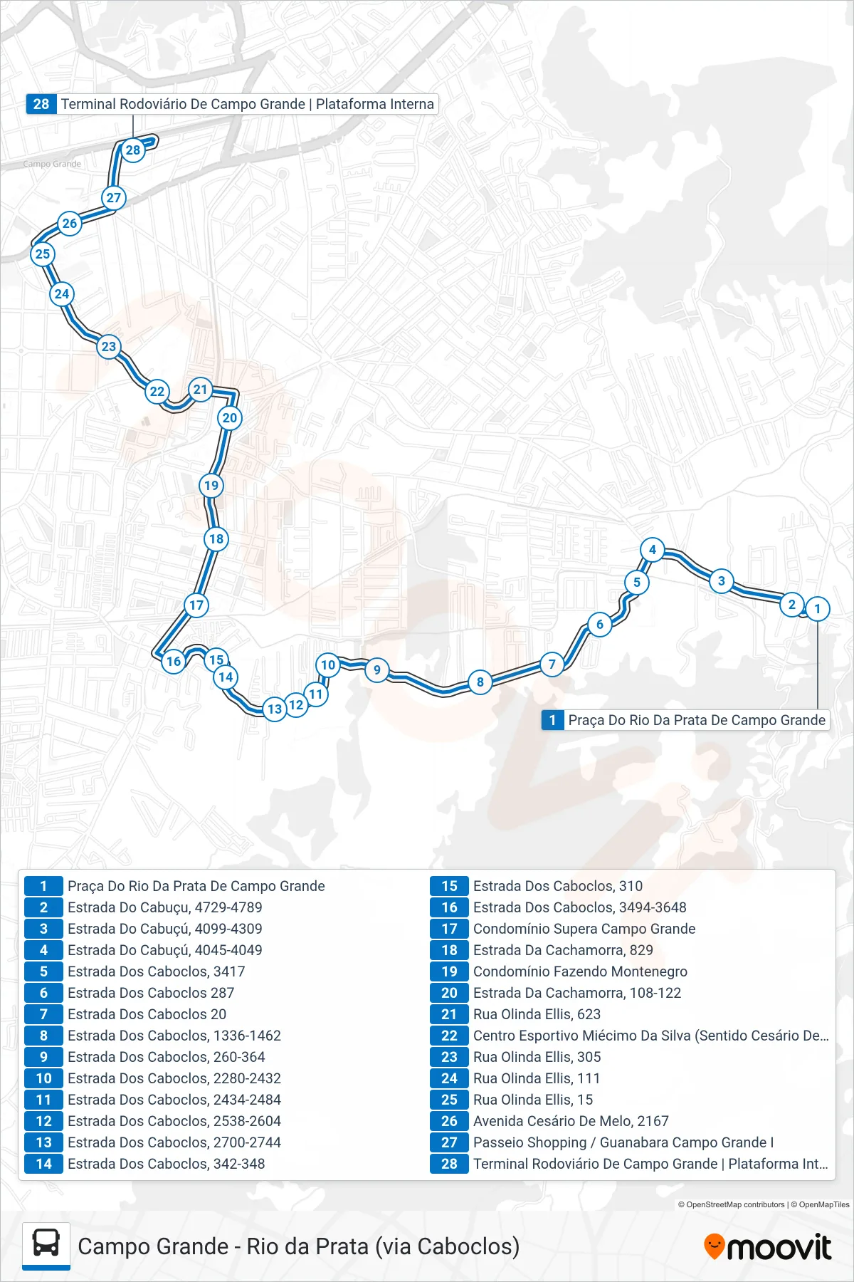 Rota e paradas da linha de ônibus  836  (Campo Grande) no mapa