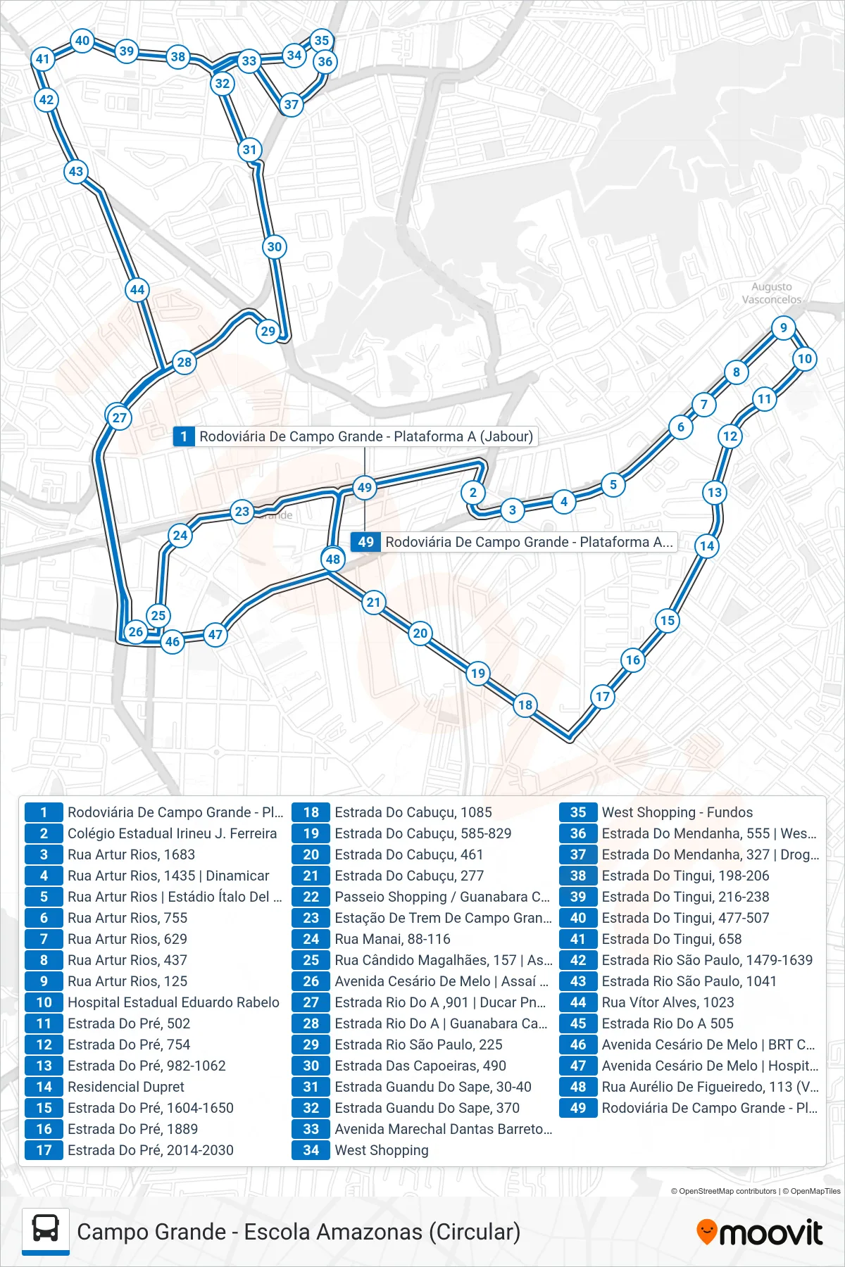 851 bus Line (Campo Grande ↔ Escola Amazonas (Circular)) route and stops on a map