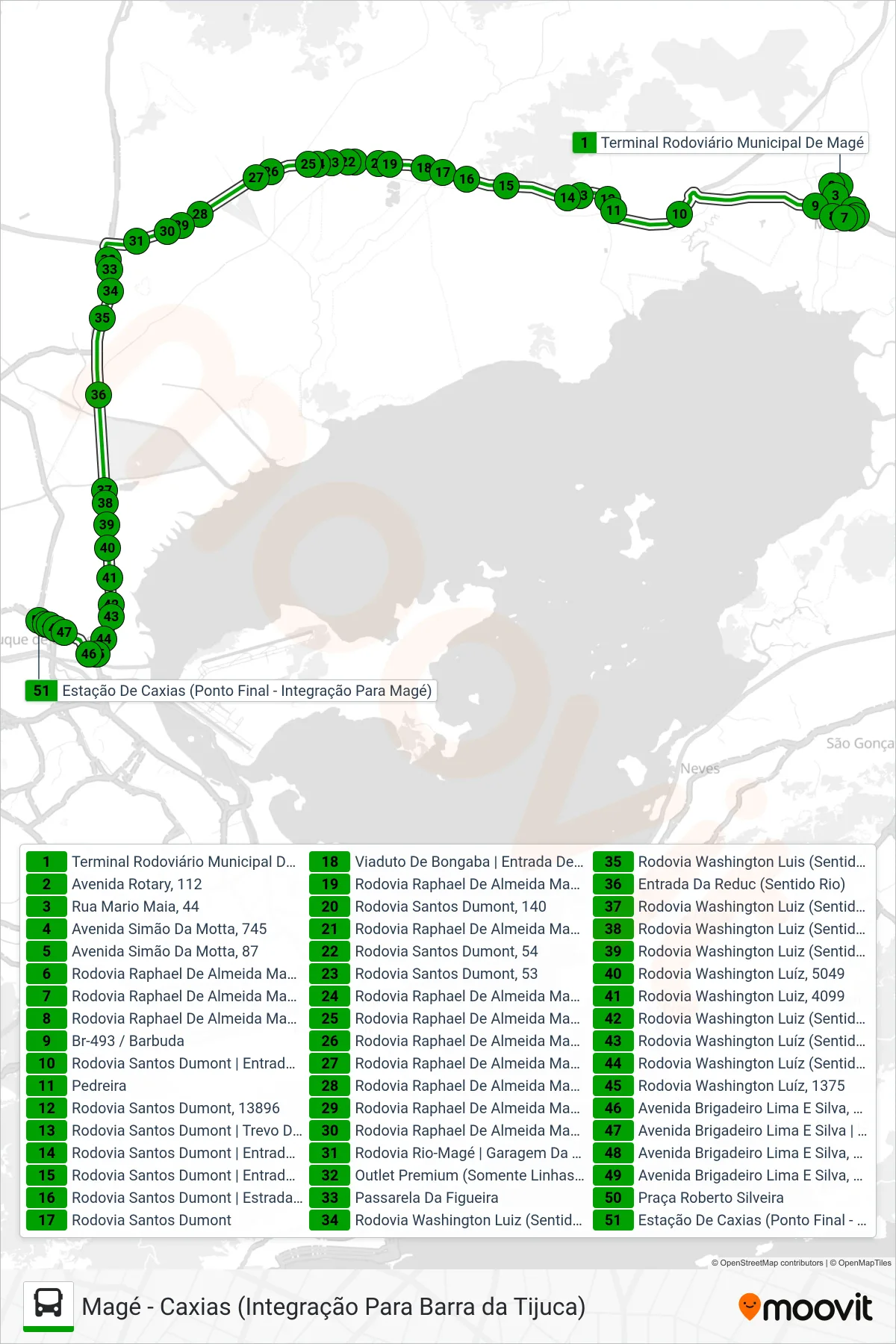 Rota e paradas da linha de ônibus  415M  (Caxias) no mapa