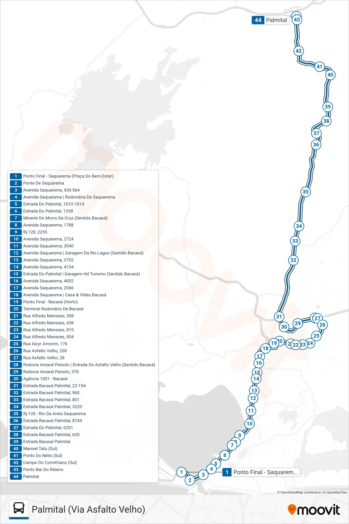 Rota e paradas da linha de ônibus 01 (Palmital (Via Asfalto Velho)) no mapa
