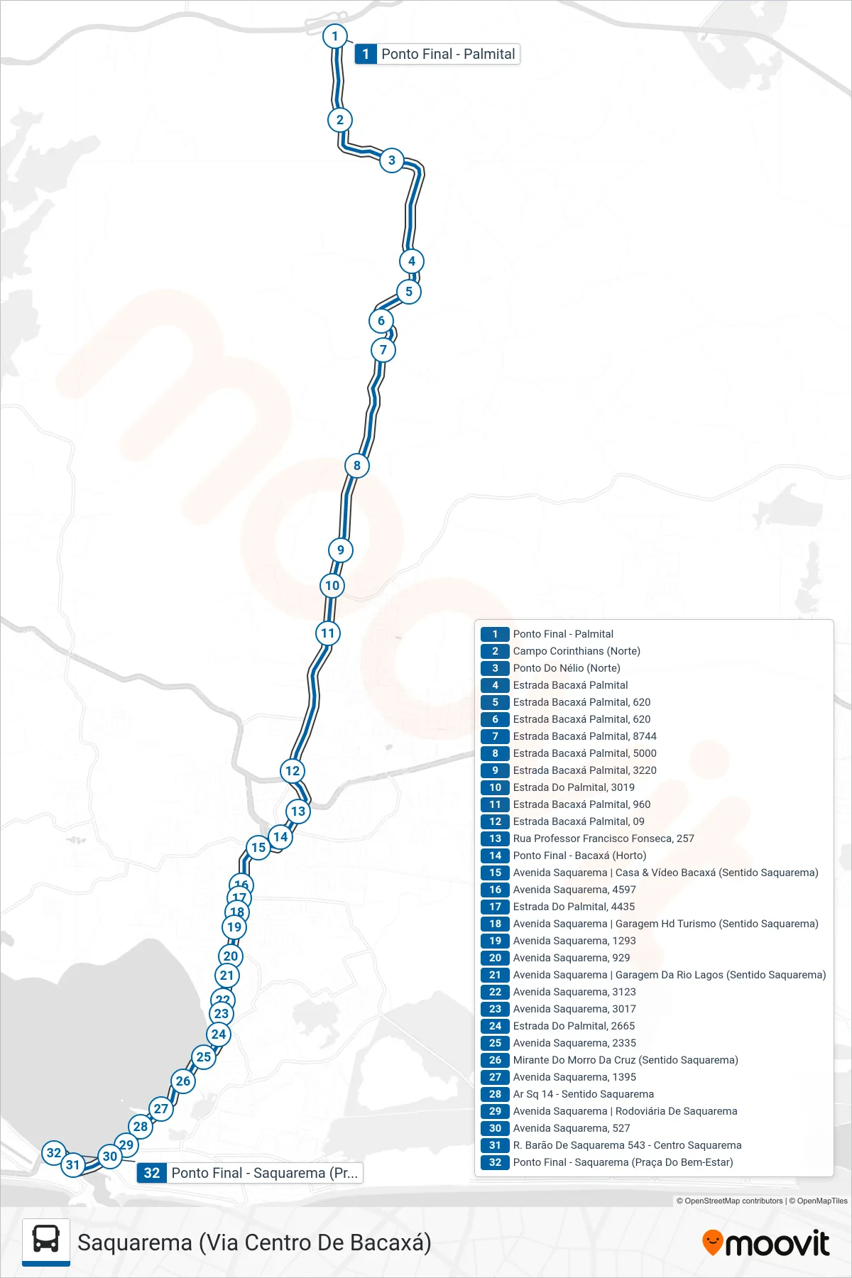 Rota e paradas da linha de ônibus 01 (Saquarema (Via Centro De Bacaxá)) no mapa