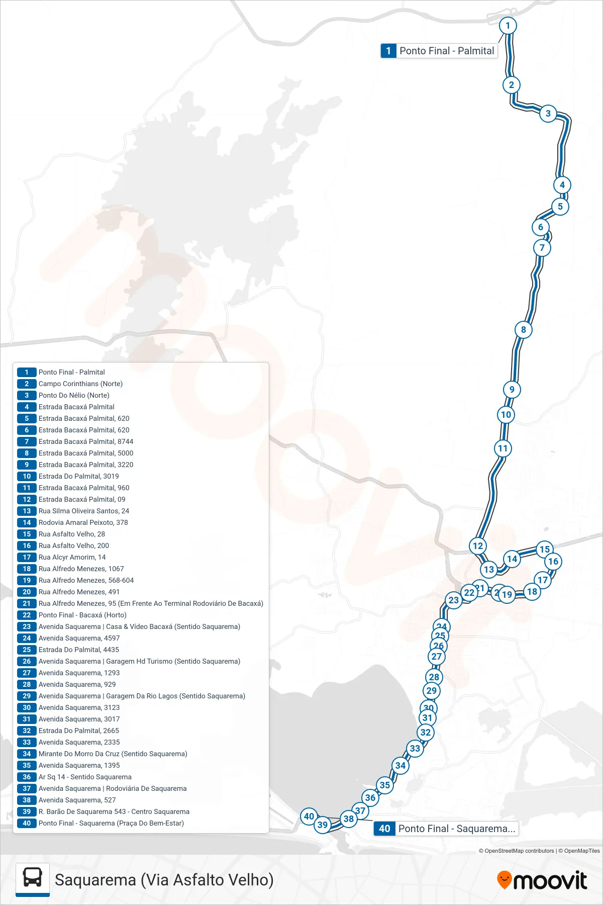 Rota e paradas da linha de ônibus 01 (Saquarema (Via Asfalto Velho)) no mapa