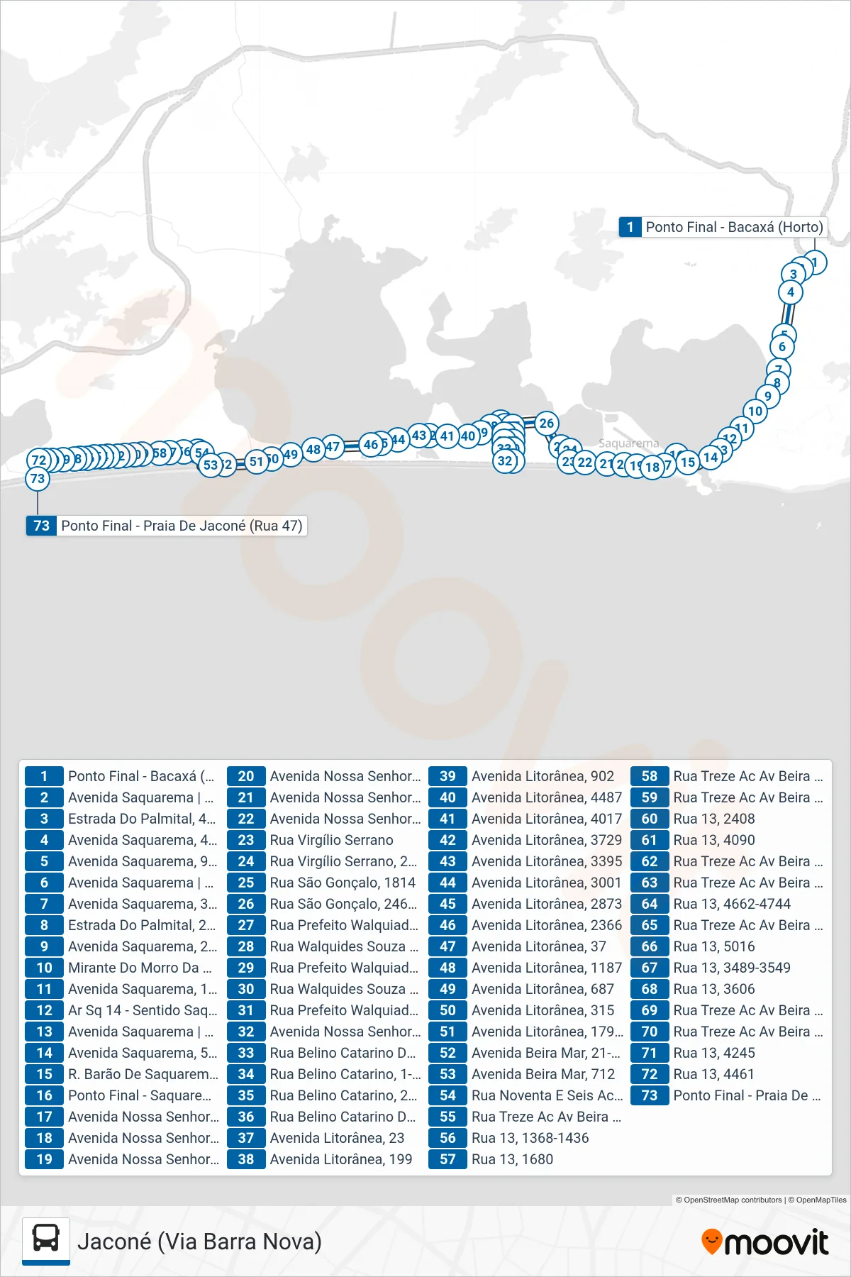 Rota e paradas da linha de ônibus 07 (Jaconé (Via Barra Nova)) no mapa