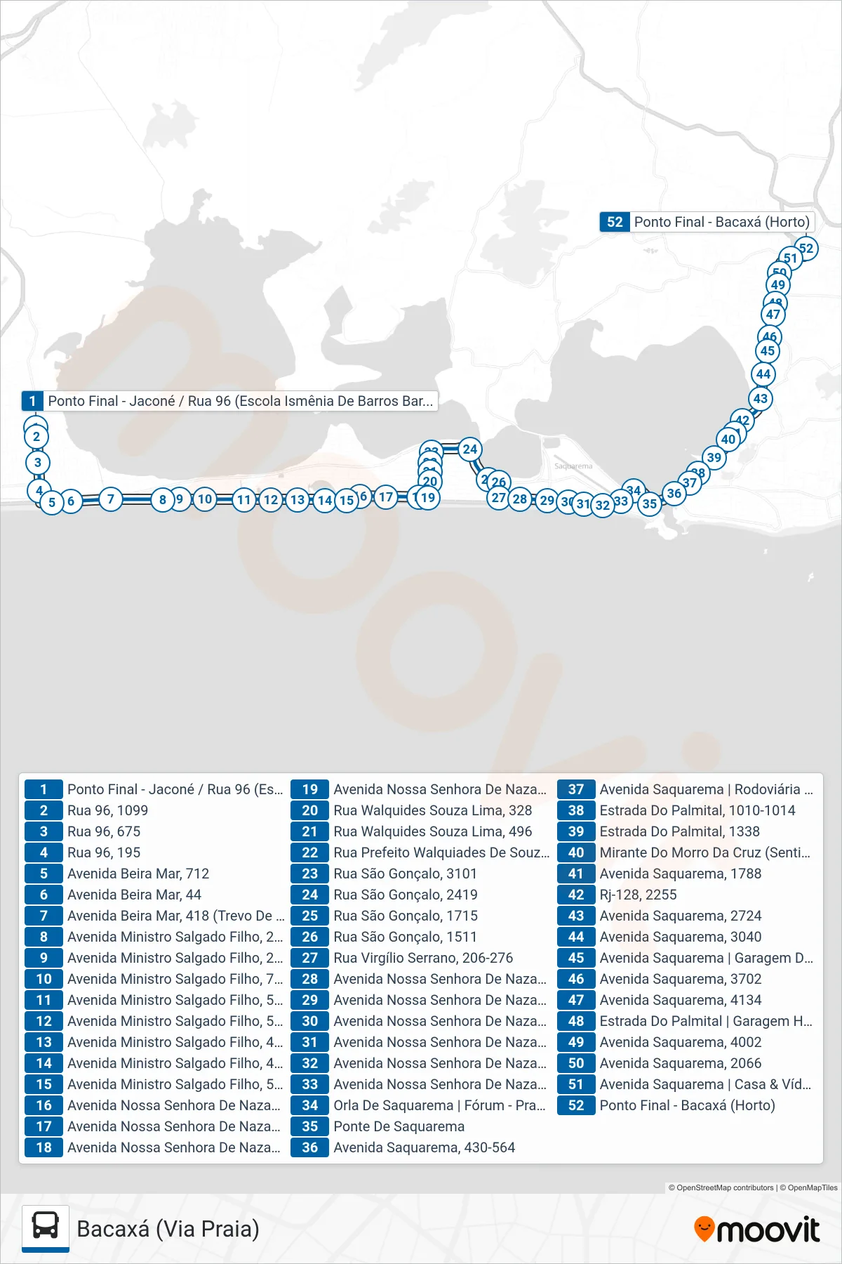 Rota e paradas da linha de ônibus 08 (Bacaxá (Via Praia)) no mapa