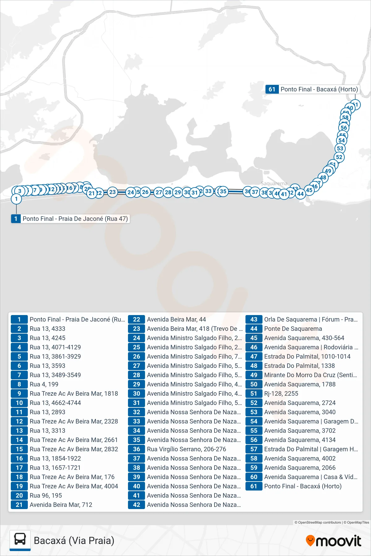 Rota e paradas da linha de ônibus 09 (Bacaxá (Via Praia)) no mapa