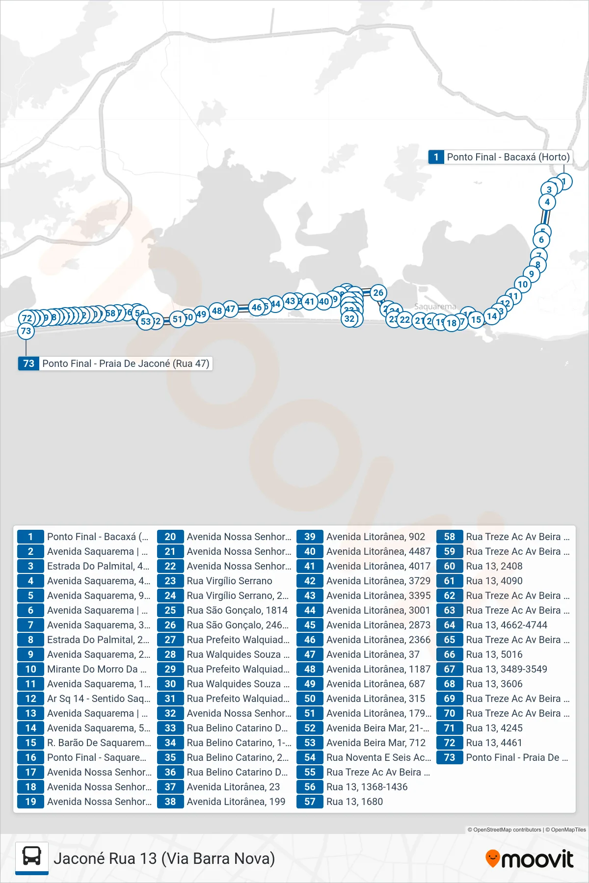 Rota e paradas da linha de ônibus 10 (Jaconé Rua 13 (Via Barra Nova)) no mapa
